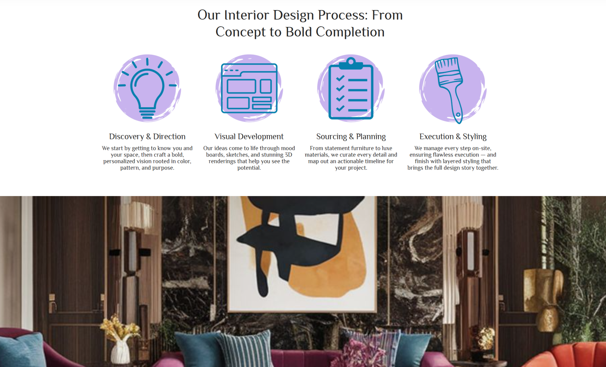 Four hand-drawn-style icons illustrating the design journey — from discovery through execution — set above a high-drama interior featuring layered lighting and abstract art