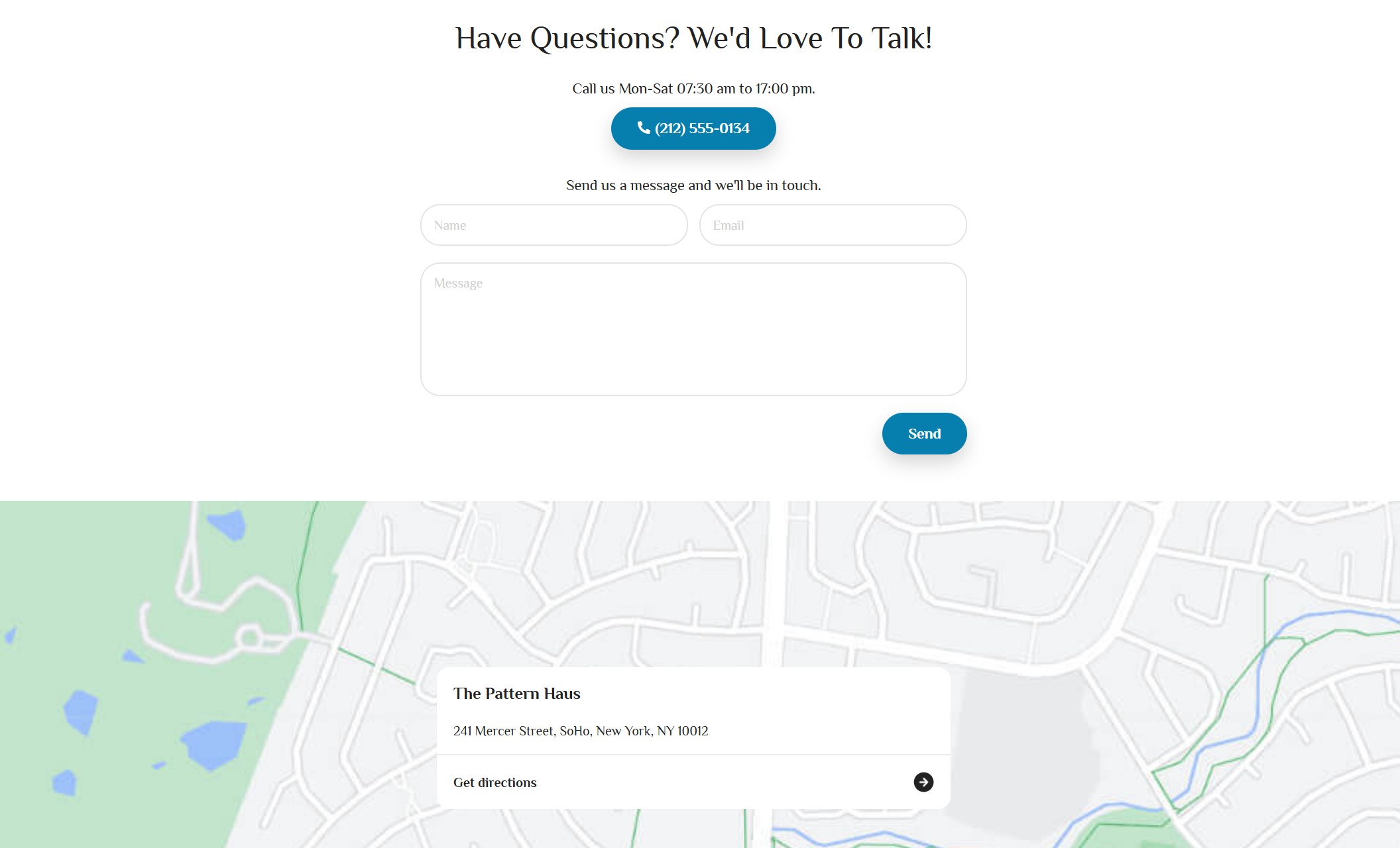 Bright storefront photo of The Pattern Haus studio in SoHo, flanked by plants and teal-blue accents, sitting above a contact form and interactive map showing their NYC location