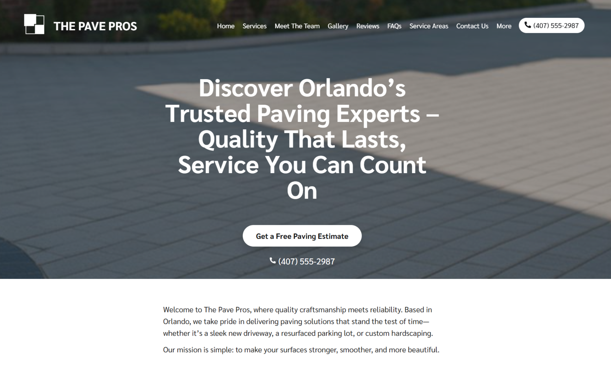The Pave Pros homepage hero section with a paved driveway background, bold white headline reading “Discover Orlando’s Trusted Paving Experts – Quality That Lasts, Service You Can Count On,” and a black button for free estimates