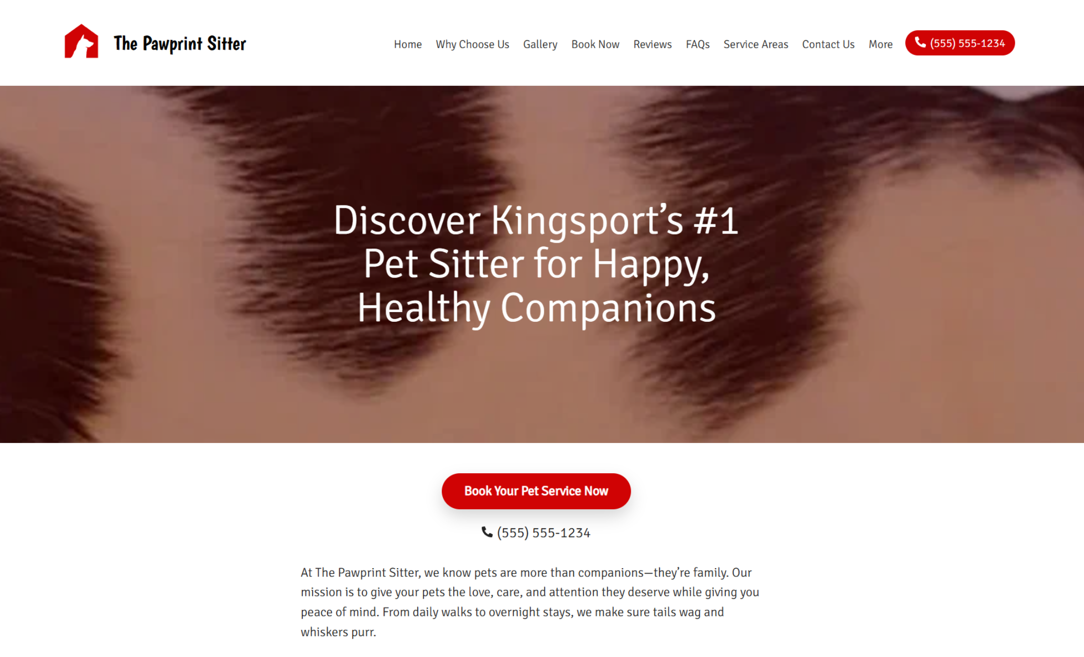 The Pawprint Sitter homepage close-up banner showing a cat’s fur background with the headline “Discover Kingsport’s #1 Pet Sitter for Happy, Healthy Companions” and a bold red booking button