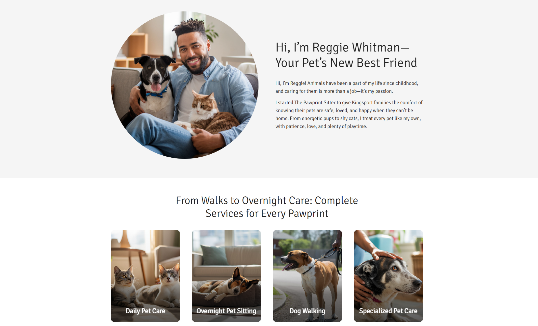The Pawprint Sitter about section introducing Reggie Whitman with a circular photo of him holding a dog and cat, followed by four pet care service cards