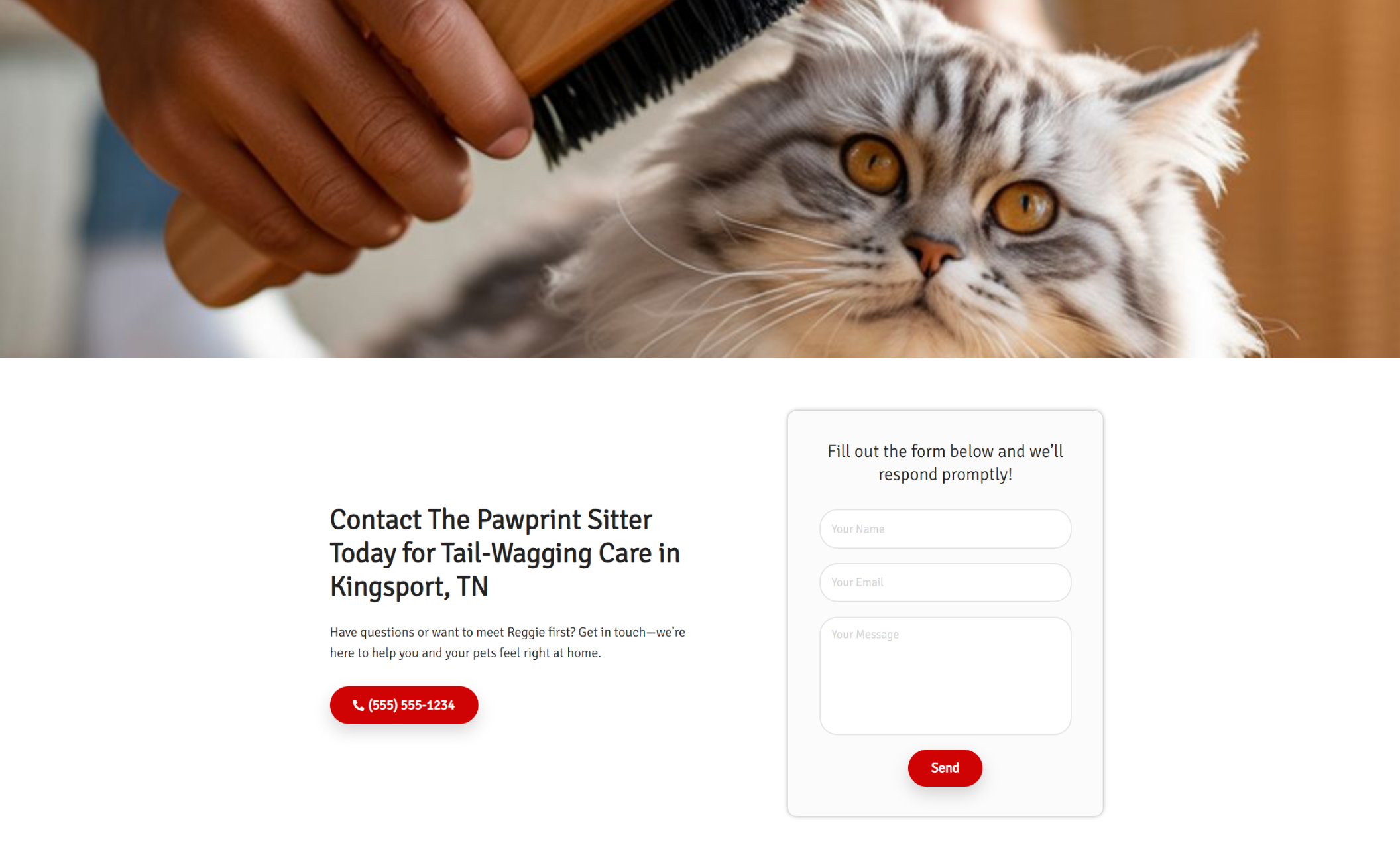 The Pawprint Sitter contact section showing a fluffy cat being brushed above a contact form and red call button for pet care in Kingsport, TN