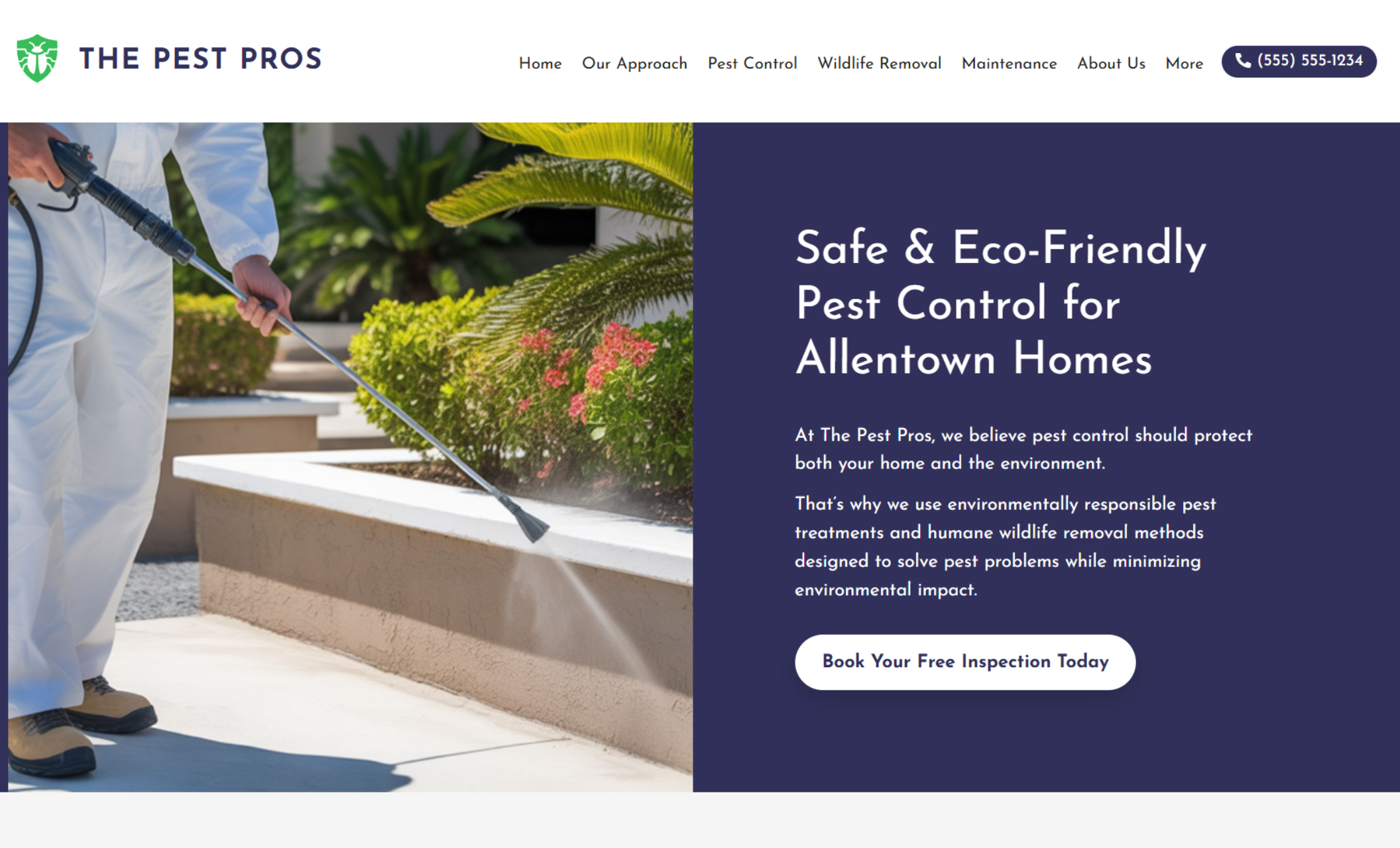 The Pest Pros homepage hero showing a technician spraying a garden path beside the headline “Safe & Eco-Friendly Pest Control for Allentown Homes” and a “Book Your Free Inspection Today” button
