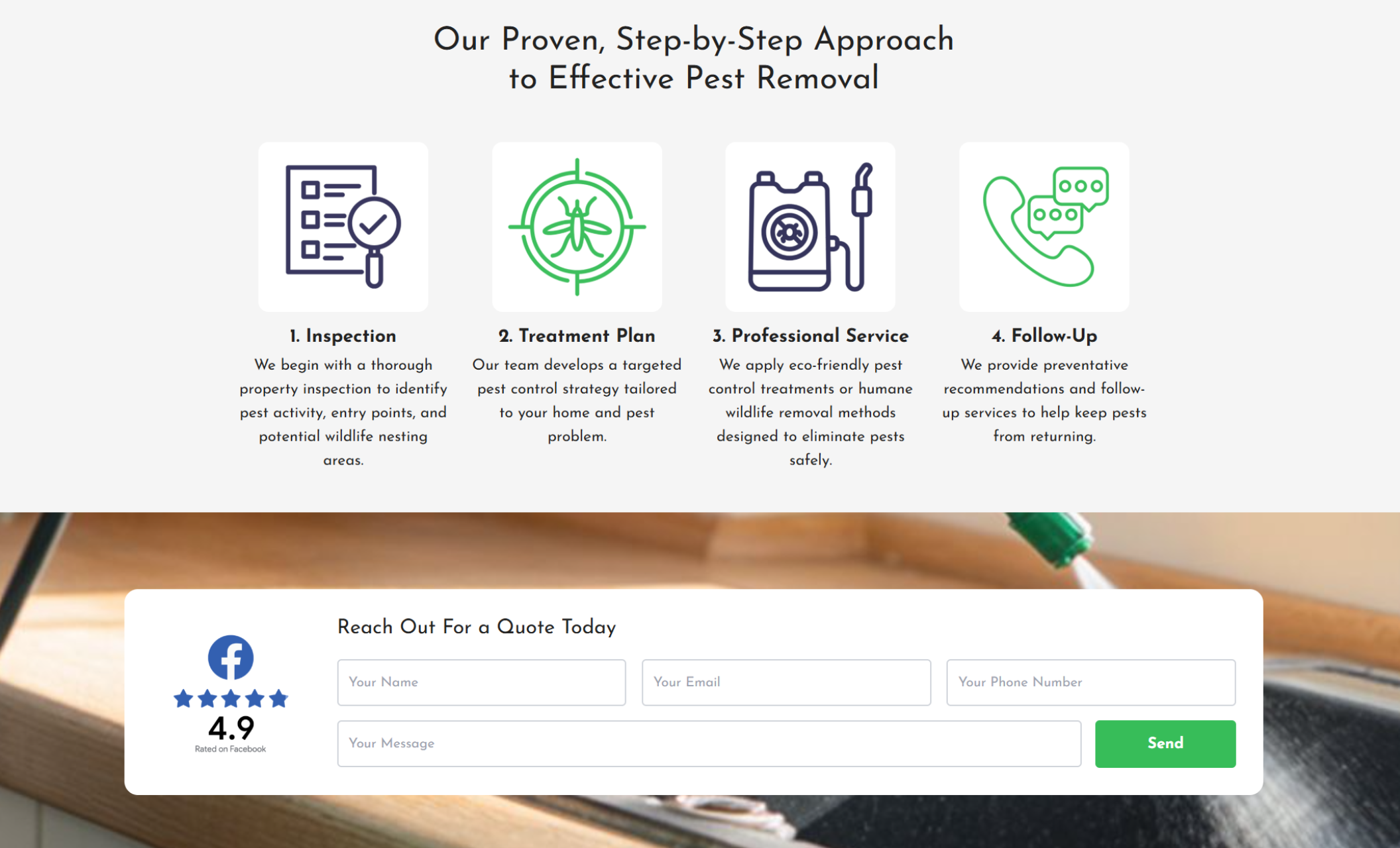 The Pest Pros FAQ section featuring the heading “What Customers Ask About Our Pest Control Services,” with answers about pest types handled and eco-friendly treatments safe for children and pets