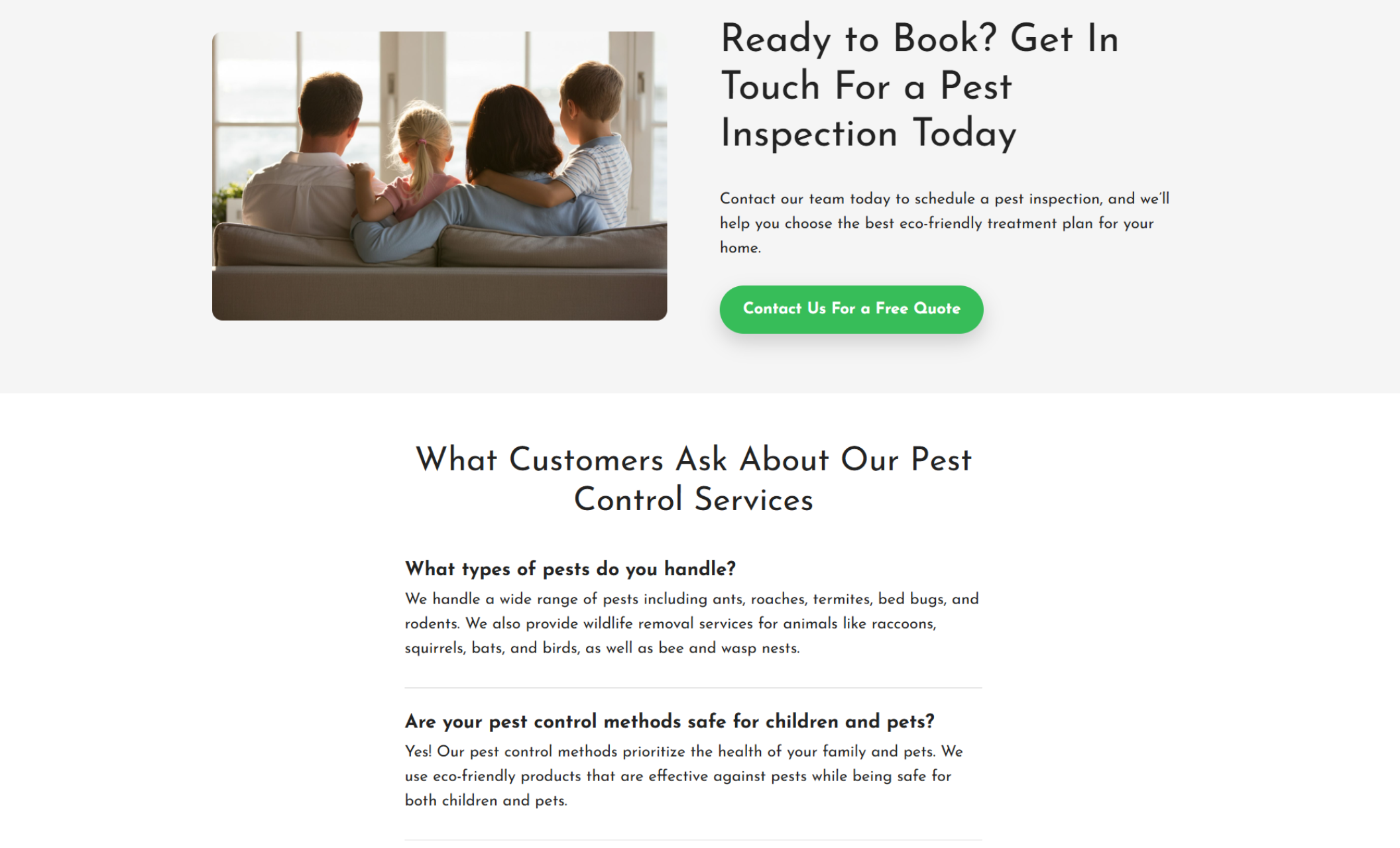 The Pest Pros process section titled “Our Proven, Step-by-Step Approach to Effective Pest Removal,” showing icons for Inspection, Treatment Plan, Professional Service, and Follow-Up above a quote request form