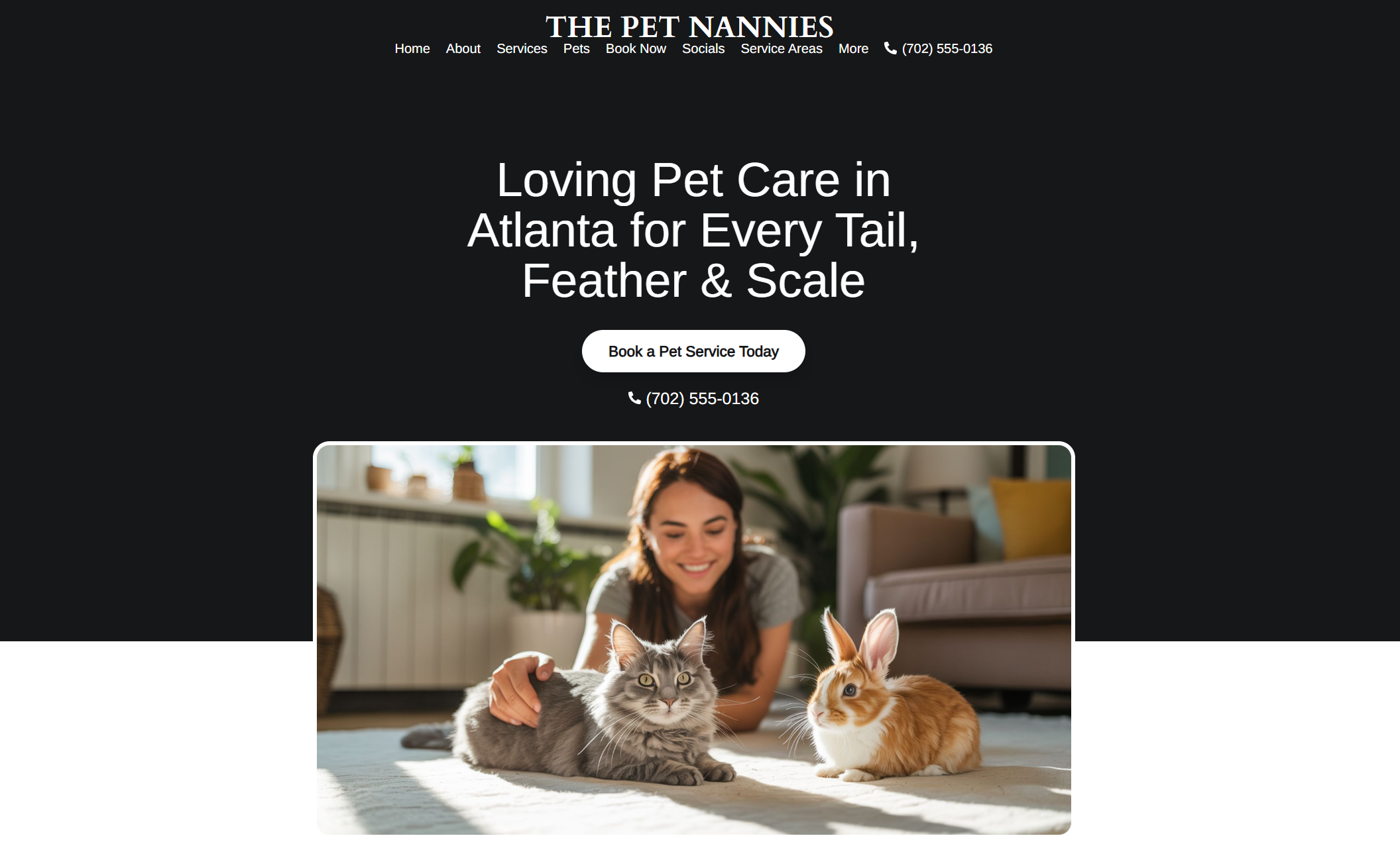 The Pet Nannies homepage with a dark background, bold white headline, call-to-action button, and a photo of a smiling woman relaxing on the floor with a gray cat and a brown-and-white rabbit in a cozy living room