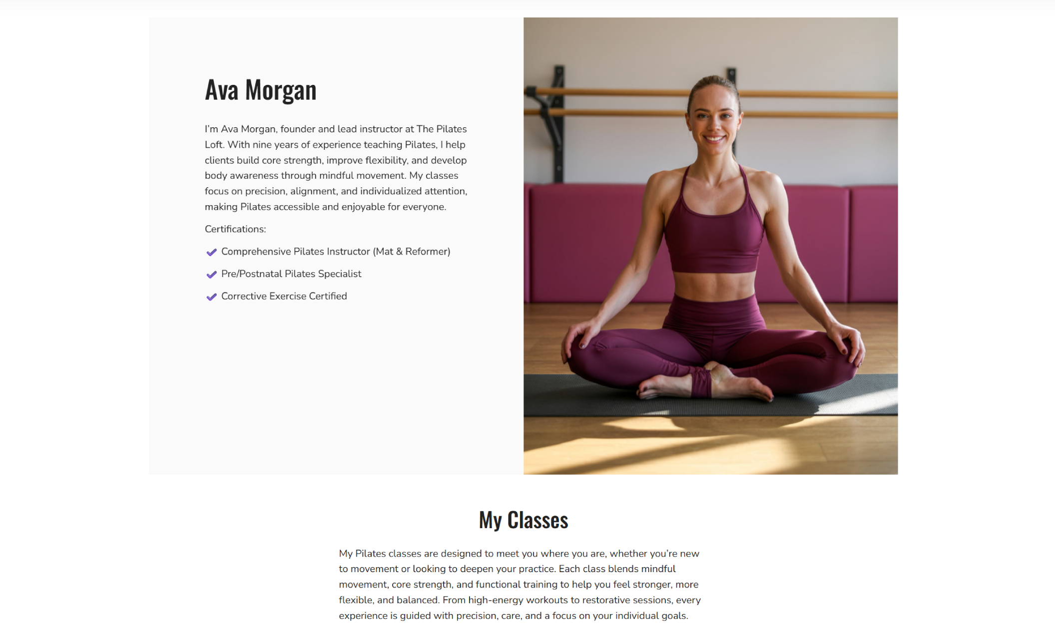 The Pilates Loft instructor page showing Ava Morgan seated cross-legged in a burgundy workout set, smiling, with text introducing her background, certifications, and teaching style