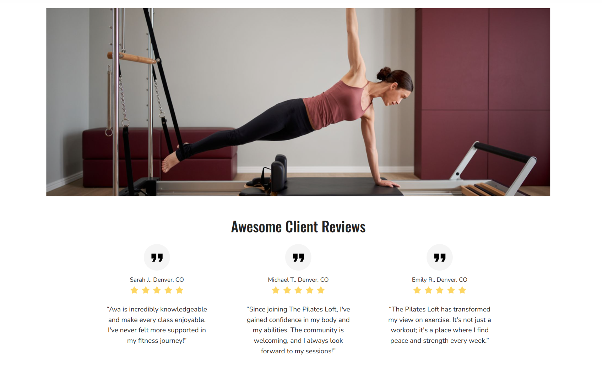 The Pilates Loft reviews page with a main image of a woman holding a side plank on a Pilates reformer, above three client testimonials with five-star ratings from Sarah J., Michael T., and Emily R
