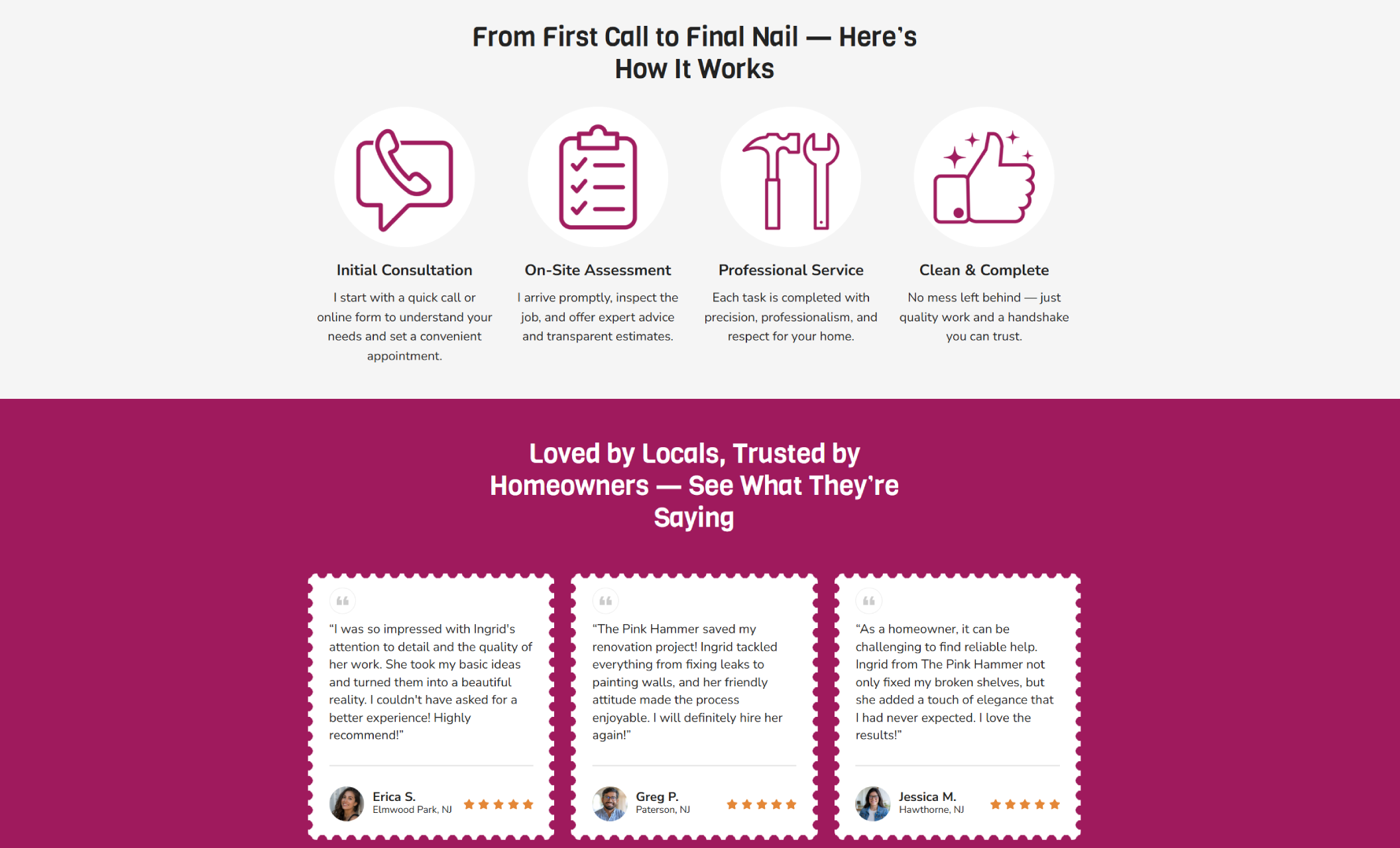 Process and testimonial section featuring four illustrated icons for consultation, assessment, service, and cleanup, followed by a deep pink background with three five-star customer reviews from Erica, Greg, and Jessica