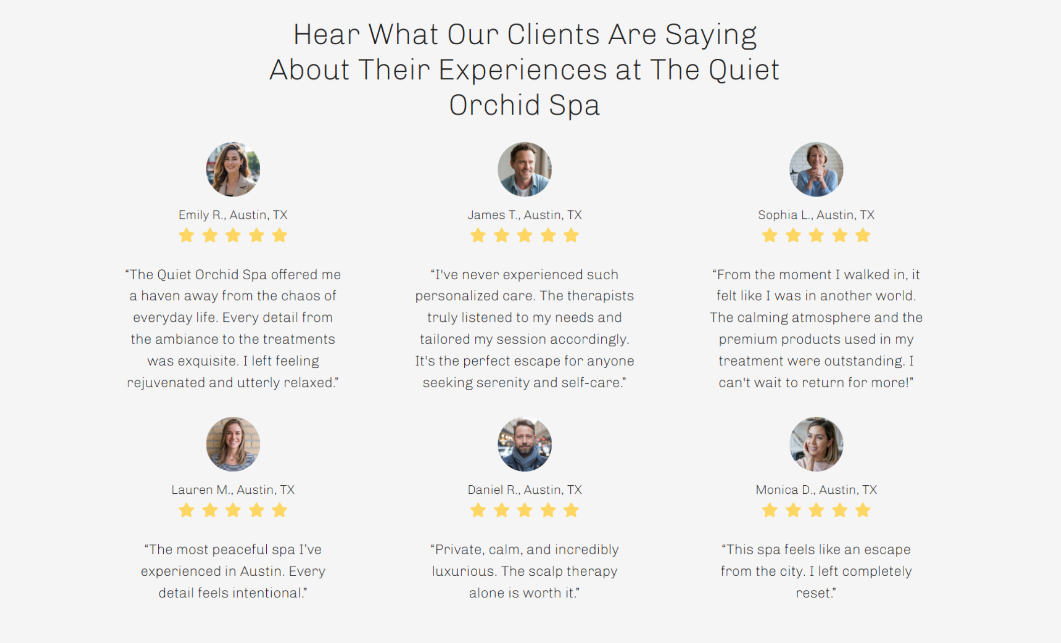 The Quiet Orchid Spa testimonials section titled “Hear What Our Clients Are Saying About Their Experiences at The Quiet Orchid Spa,” showcasing six five-star reviews with client names and circular profile photos from Austin, TX