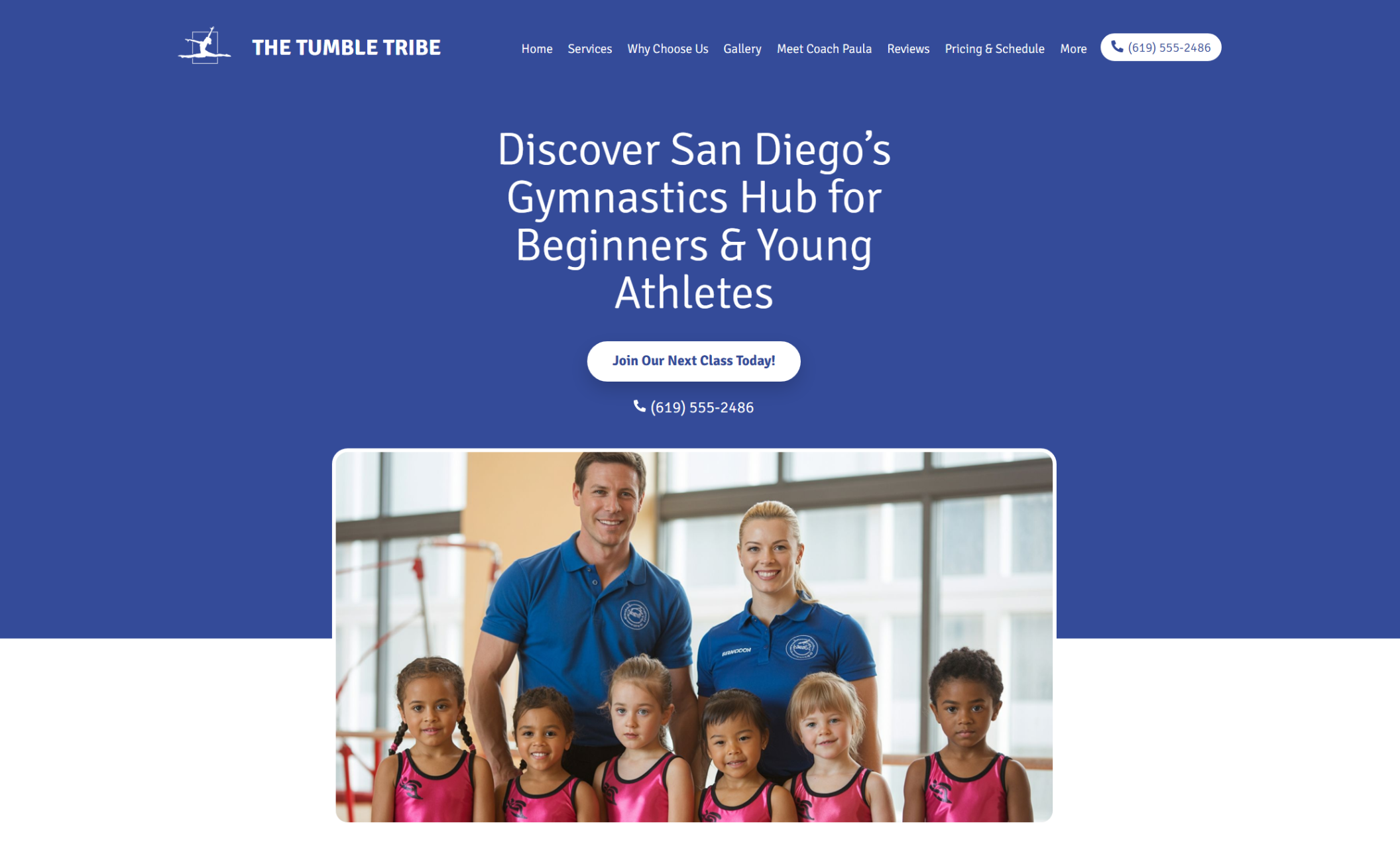 The Tumble Tribe homepage featuring coaches Adrien and Paula standing with a group of young gymnasts in pink leotards, beside the headline “Discover San Diego’s Gymnastics Hub for Beginners & Young Athletes” and a white button that says “Join Our Next Class Today.”
