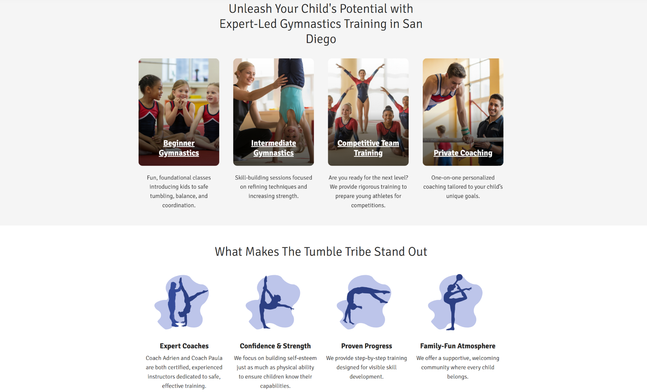 The Tumble Tribe services section showing four program cards for Beginner, Intermediate, Competitive Team Training, and Private Coaching under the headline “Unleash Your Child’s Potential with Expert-Led Gymnastics Training in San Diego.”