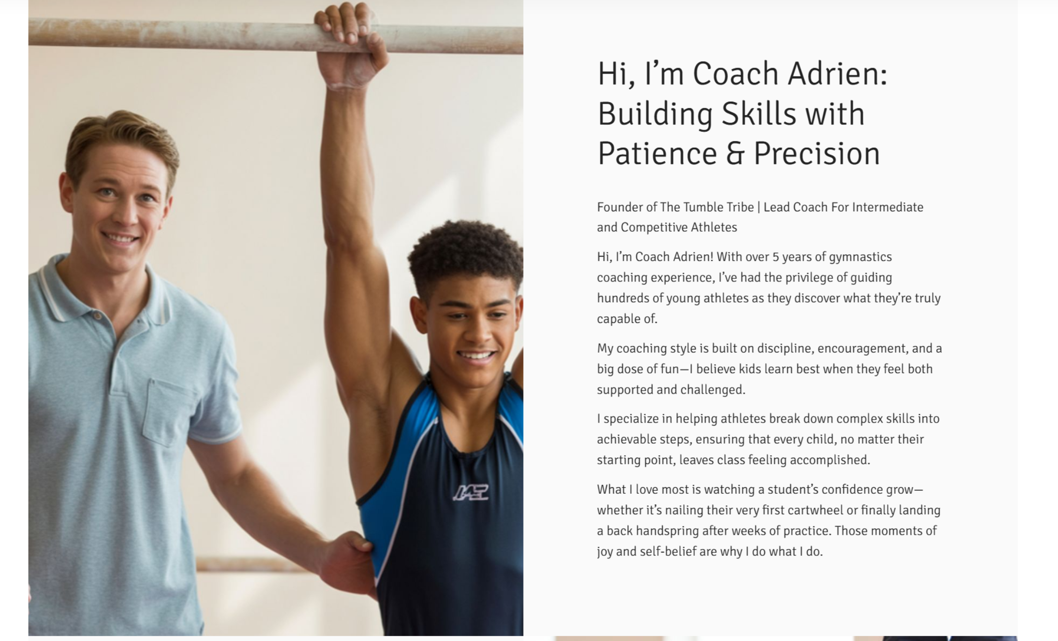 The Tumble Tribe “Meet the Coach” section featuring Coach Adrien smiling while supporting a gymnast practicing on the bar, beside the headline “Hi, I’m Coach Adrien: Building Skills with Patience & Precision” and an introduction about his coaching style