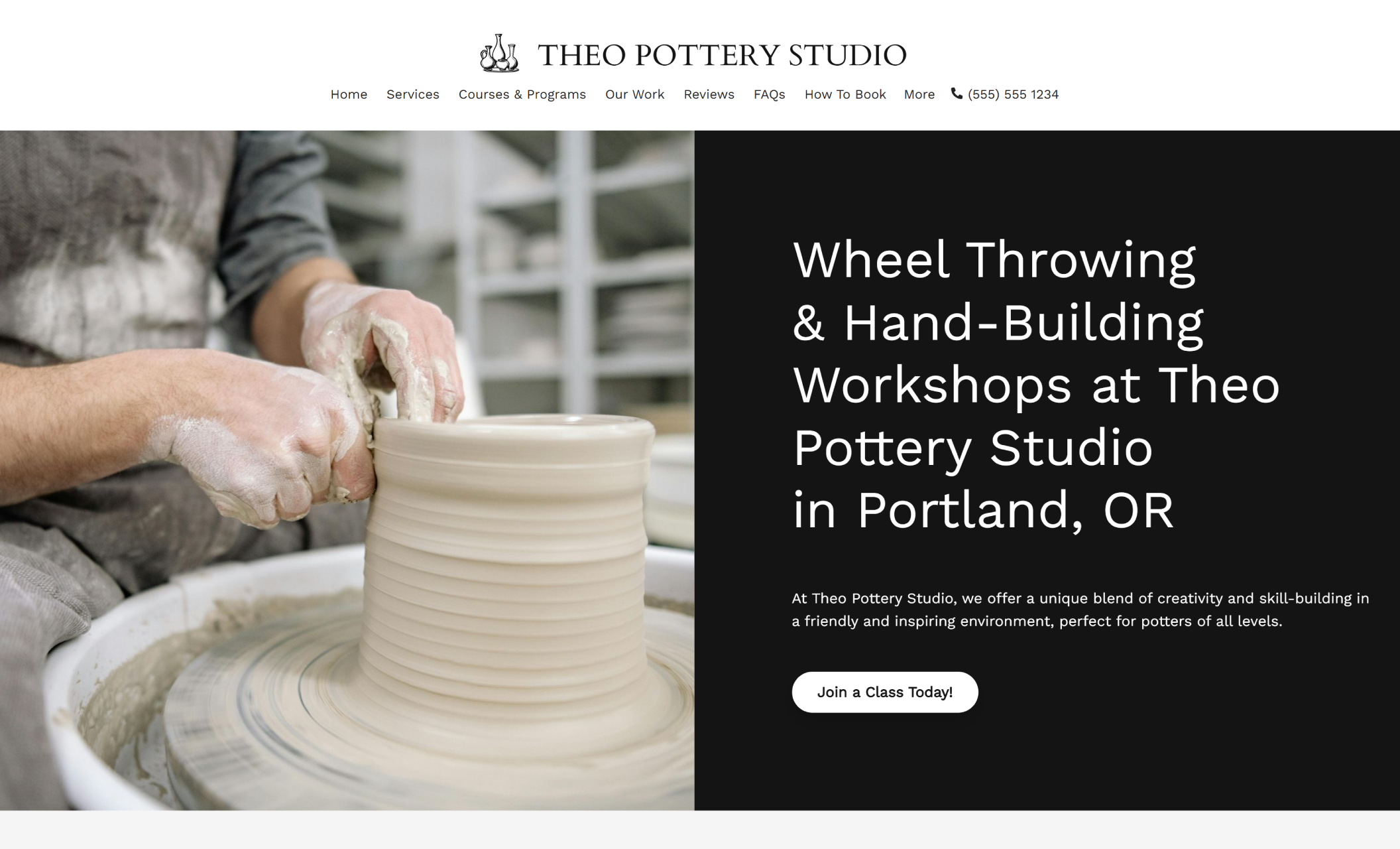 Theo Pottery Studio homepage featuring hands shaping a clay pot on a spinning wheel beside a dark panel with workshop details and a “Join a Class Today” button
