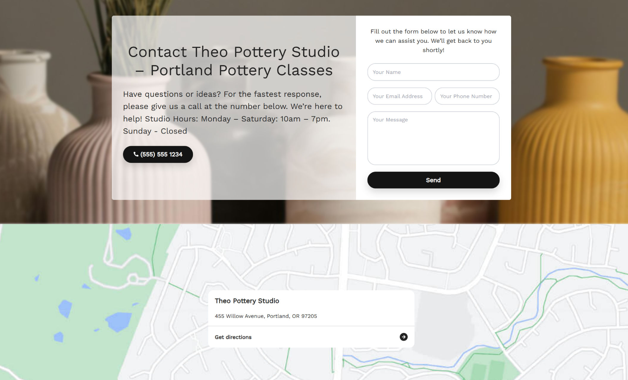 Theo Pottery Studio contact section featuring a form with name, email, phone, and message fields alongside studio hours, phone number, and a map showing the Portland location