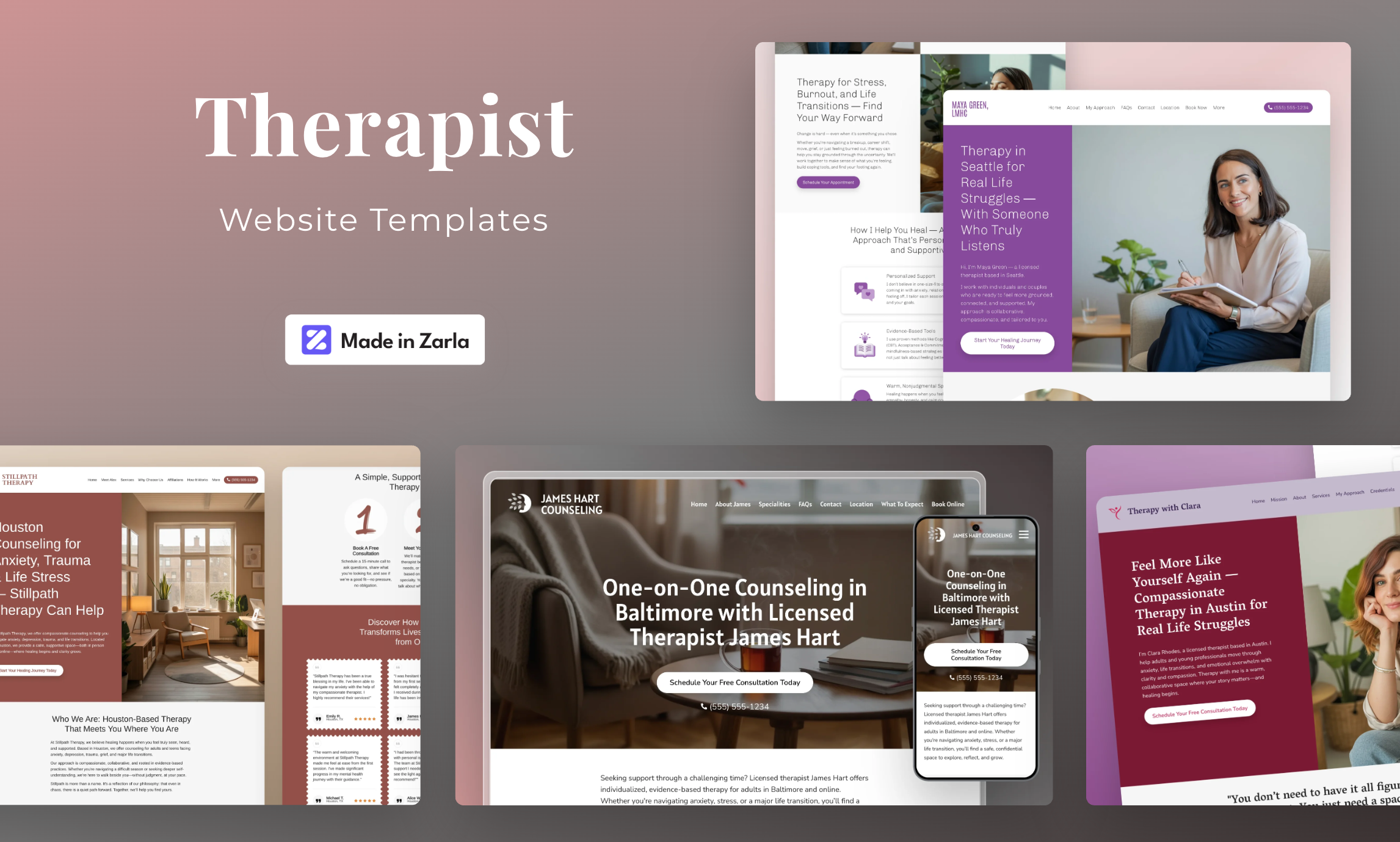 Collection of therapist website templates created with Zarla