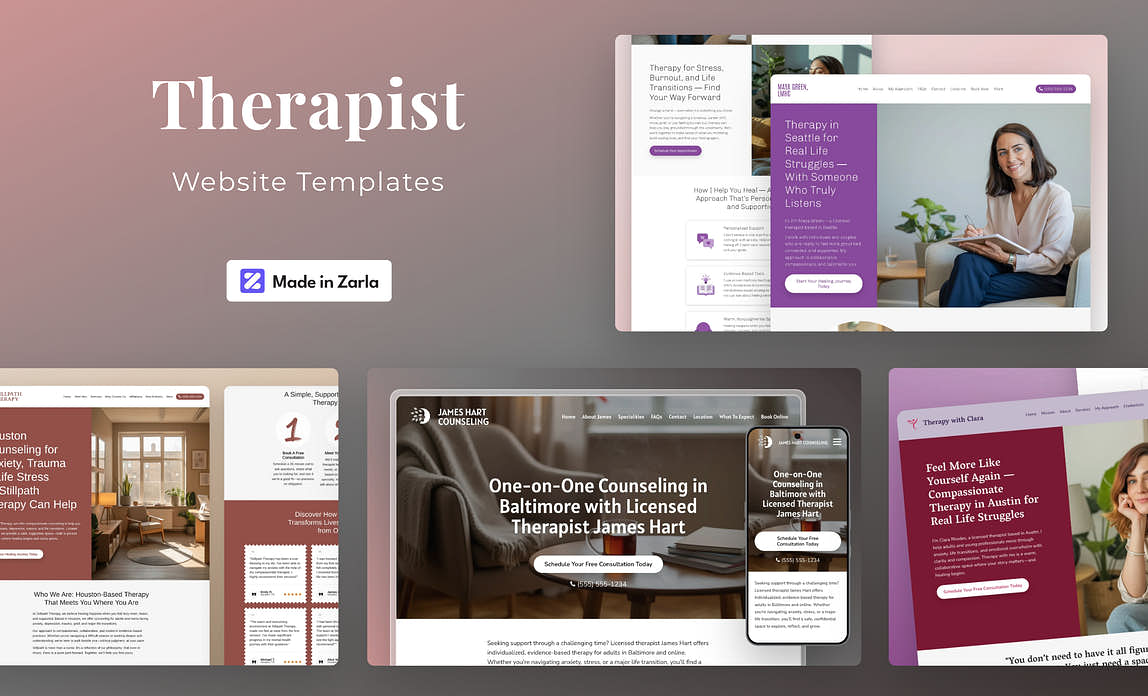 Collection of therapist website templates created with Zarla