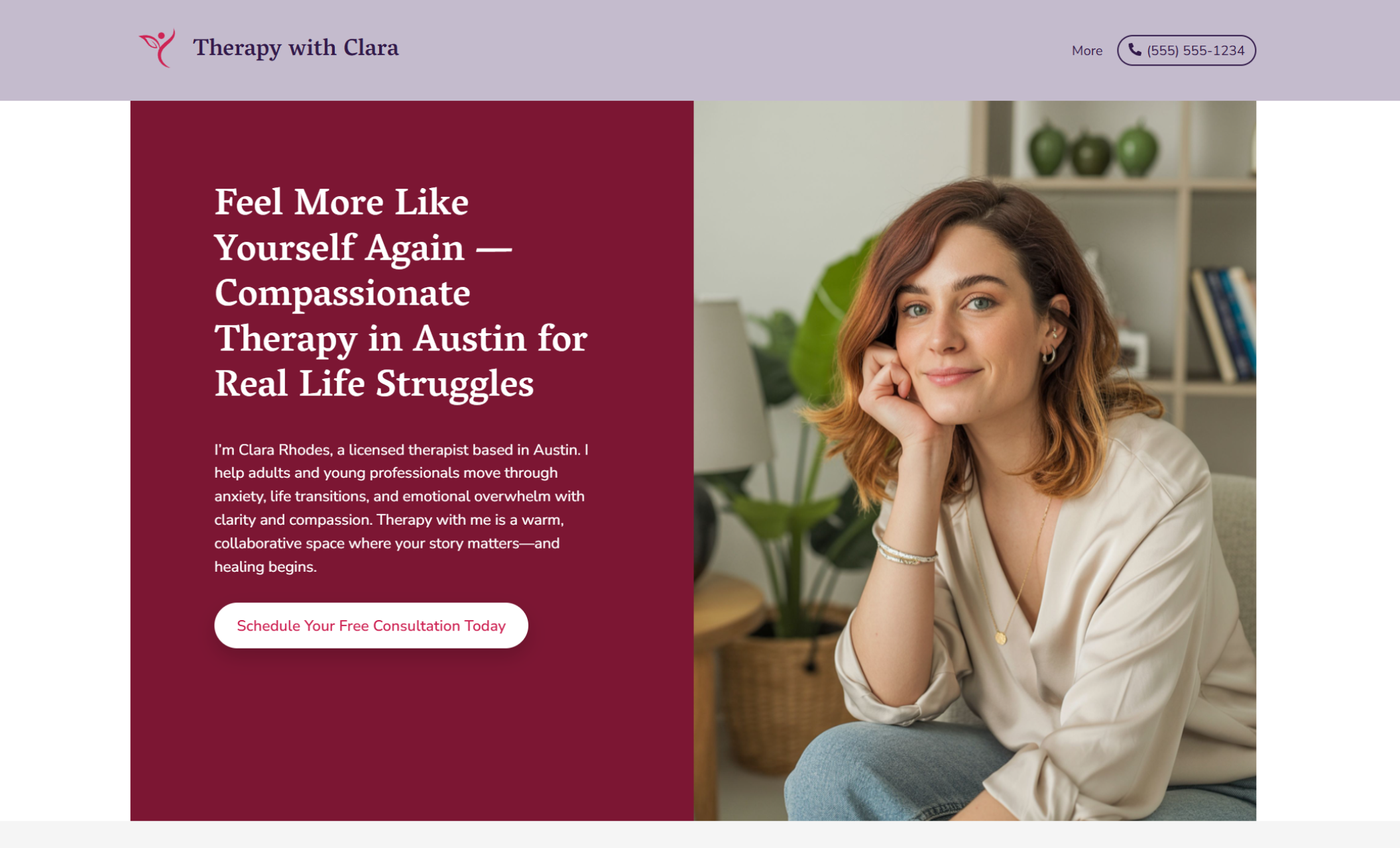 Therapy with Clara homepage featuring a smiling woman with wavy shoulder-length hair and a cream blouse sitting casually in a light-filled room, beside the headline “Feel More Like Yourself Again — Compassionate Therapy in Austin for Real Life Struggles” and a white button labeled “Schedule Your Free Consultation Today.”