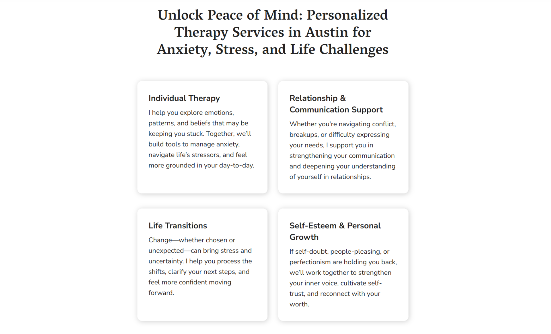 Therapy with Clara services section titled “Unlock Peace of Mind: Personalized Therapy Services in Austin for Anxiety, Stress, and Life Challenges” showing four white cards with descriptions for Individual Therapy, Relationship & Communication Support, Life Transitions, and Self-Esteem & Personal Growth