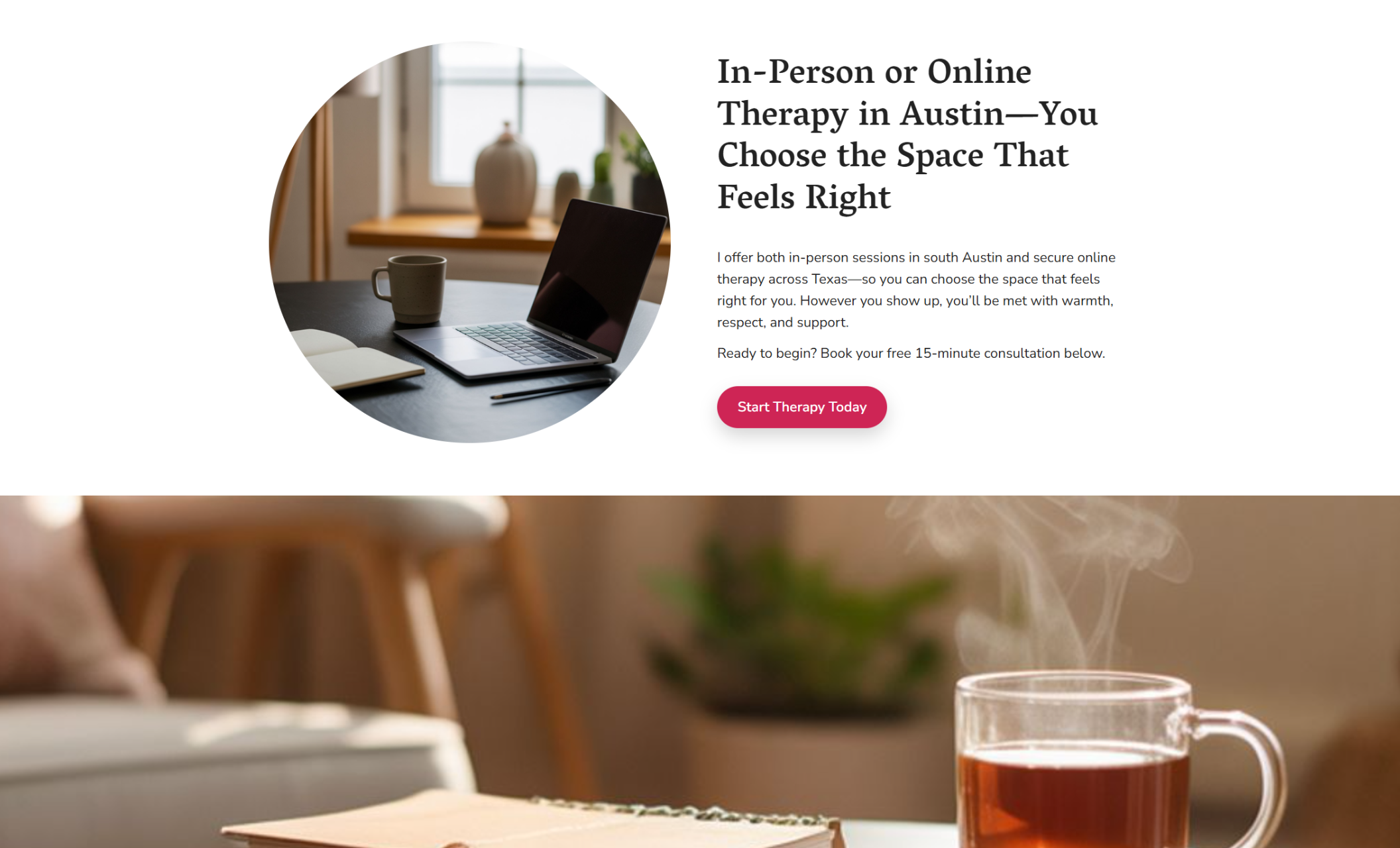 Therapy with Clara in-person or online therapy section featuring a circular image of a cozy desk with a laptop, notebook, pen, and coffee mug in a softly lit room, alongside text inviting clients to choose their preferred therapy setting and a pink “Start Therapy Today” button