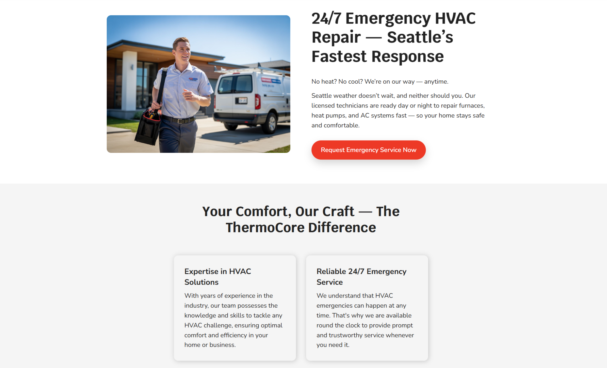 ThermoCore Systems webpage showing a smiling technician carrying a tool bag beside the headline “24/7 Emergency HVAC Repair — Seattle’s Fastest Response” and a red button labeled “Request Emergency Service Now.”