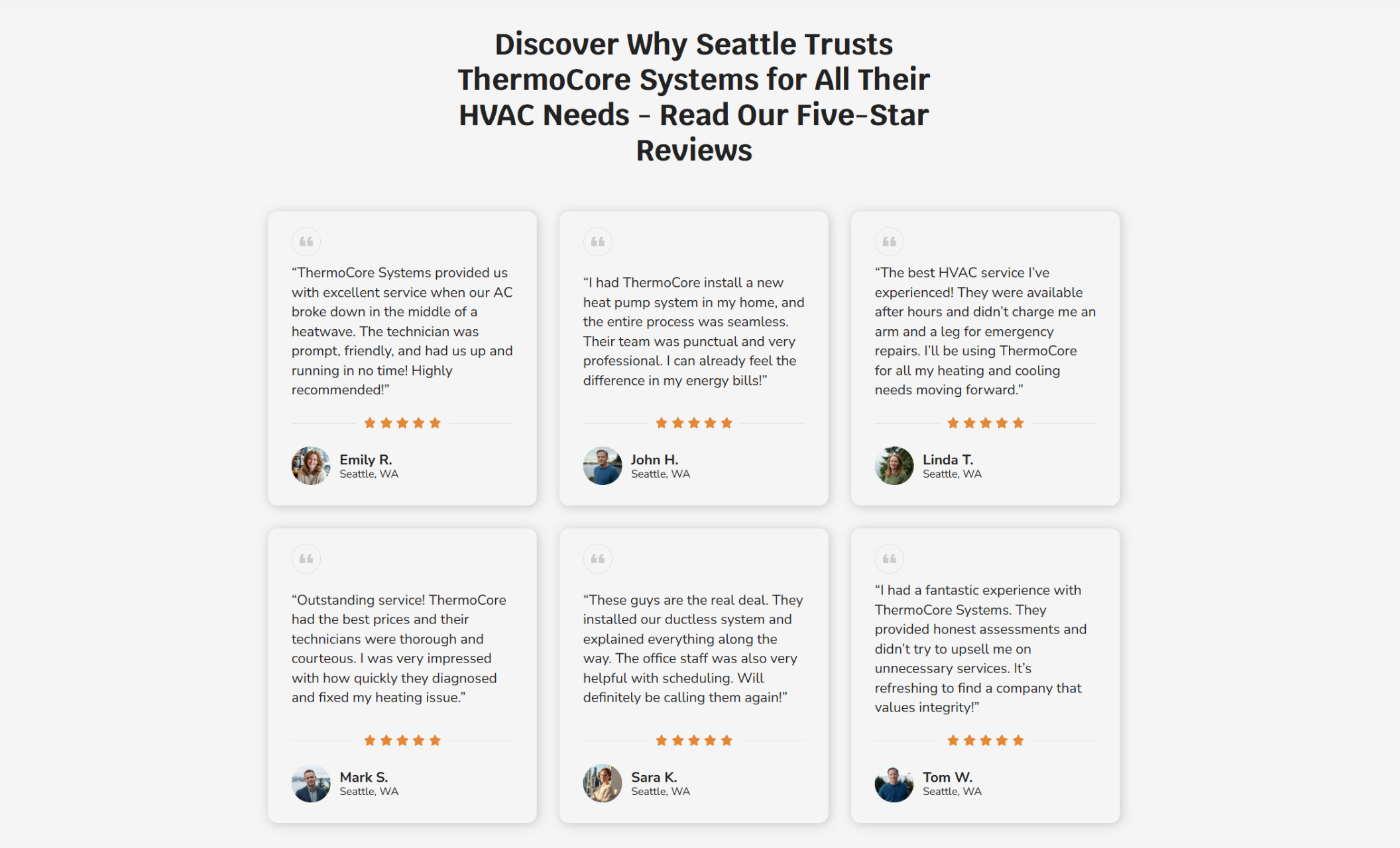 ThermoCore Systems reviews section featuring six white testimonial cards with customer photos, names, five-star ratings, and positive feedback from Seattle homeowners about the company’s service and professionalism