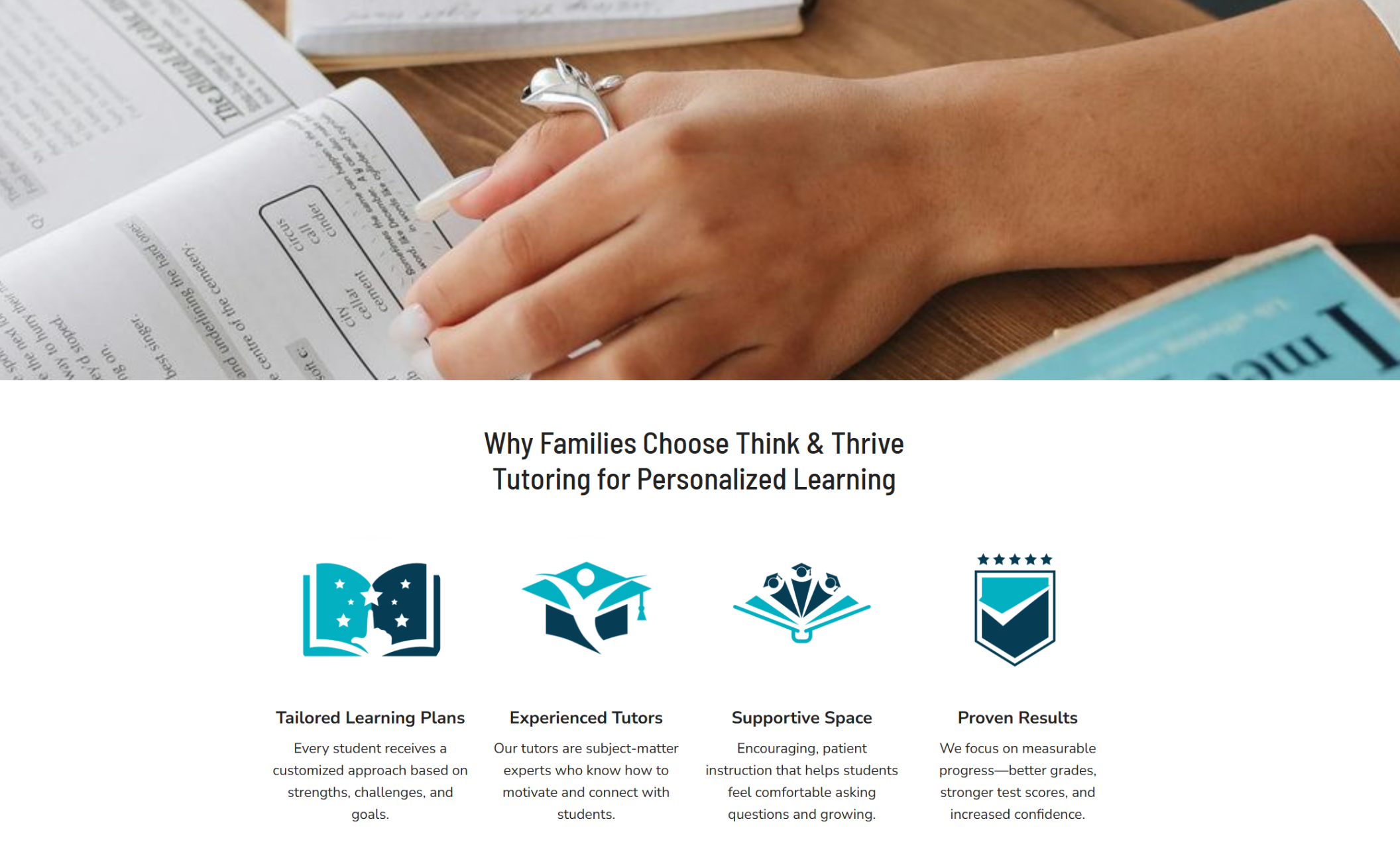Think & Thrive Tutoring “Why Choose Us” section showing a close-up of a student reading above four teal icons highlighting tailored learning plans, experienced tutors, a supportive learning space, and proven academic results