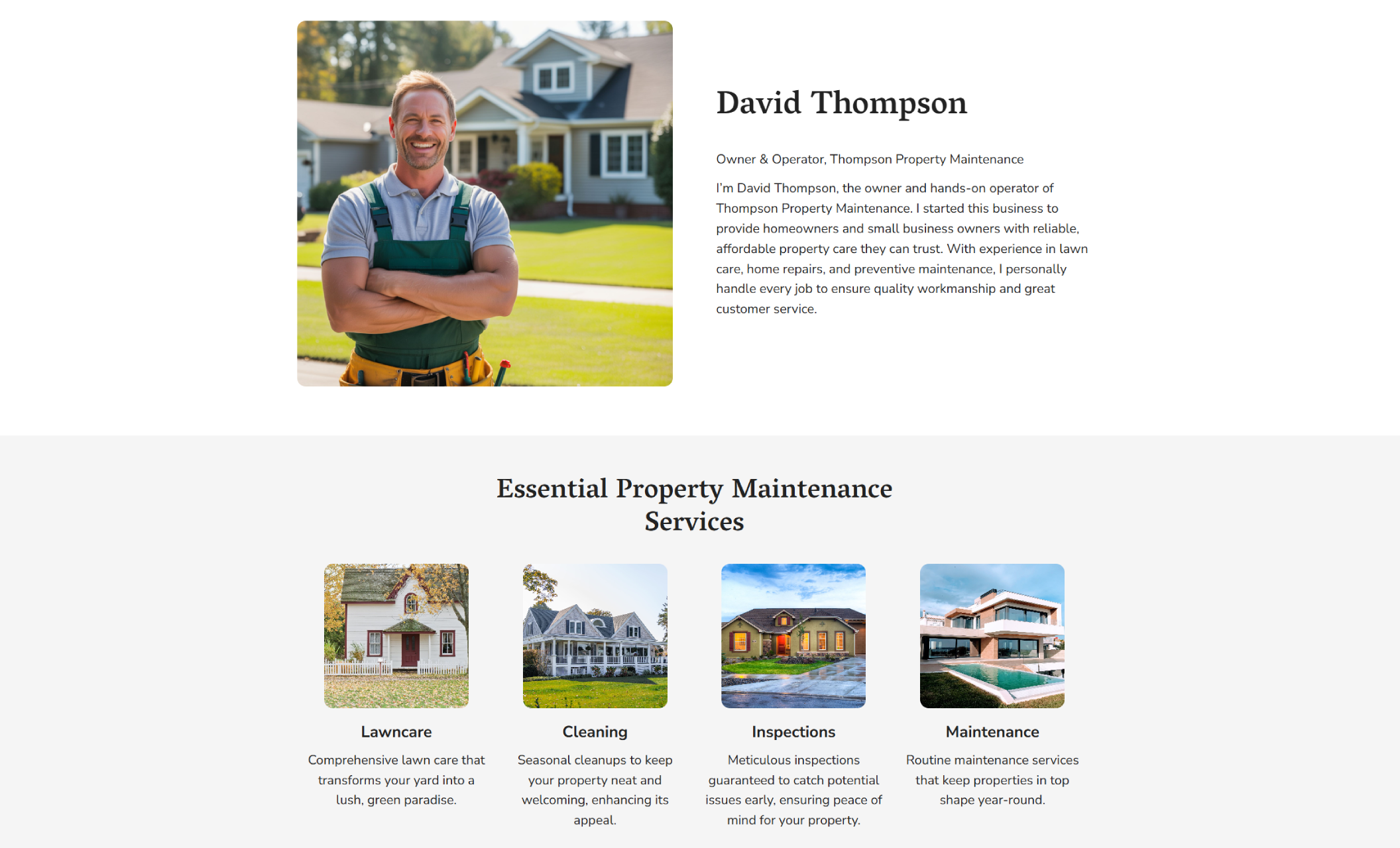Thompson Property Maintenance about section with a portrait of smiling owner David Thompson standing confidently in front of a home, alongside a written introduction and a four-tile grid of essential property maintenance services
