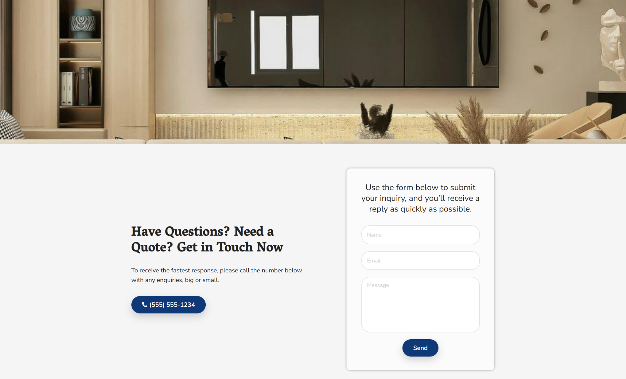 Thompson Property Maintenance contact section with a soft beige background, featuring a large phone button on the left beneath the headline “Have Questions? Need a Quote?” and a simple contact form on the right