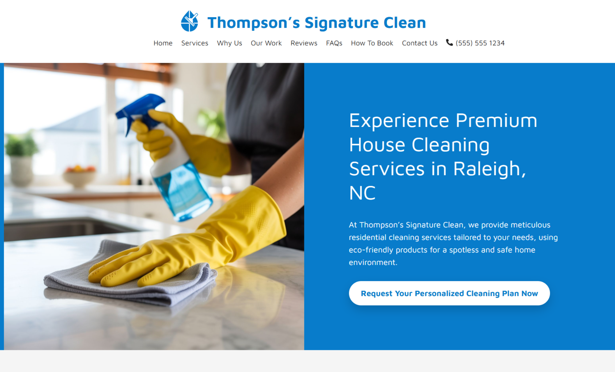 Thompson’s Signature Clean homepage hero section showing a cleaner in yellow gloves spraying and wiping a countertop beside the headline “Experience Premium House Cleaning Services in Raleigh, NC” and a “Request Your Personalized Cleaning Plan Now” button
