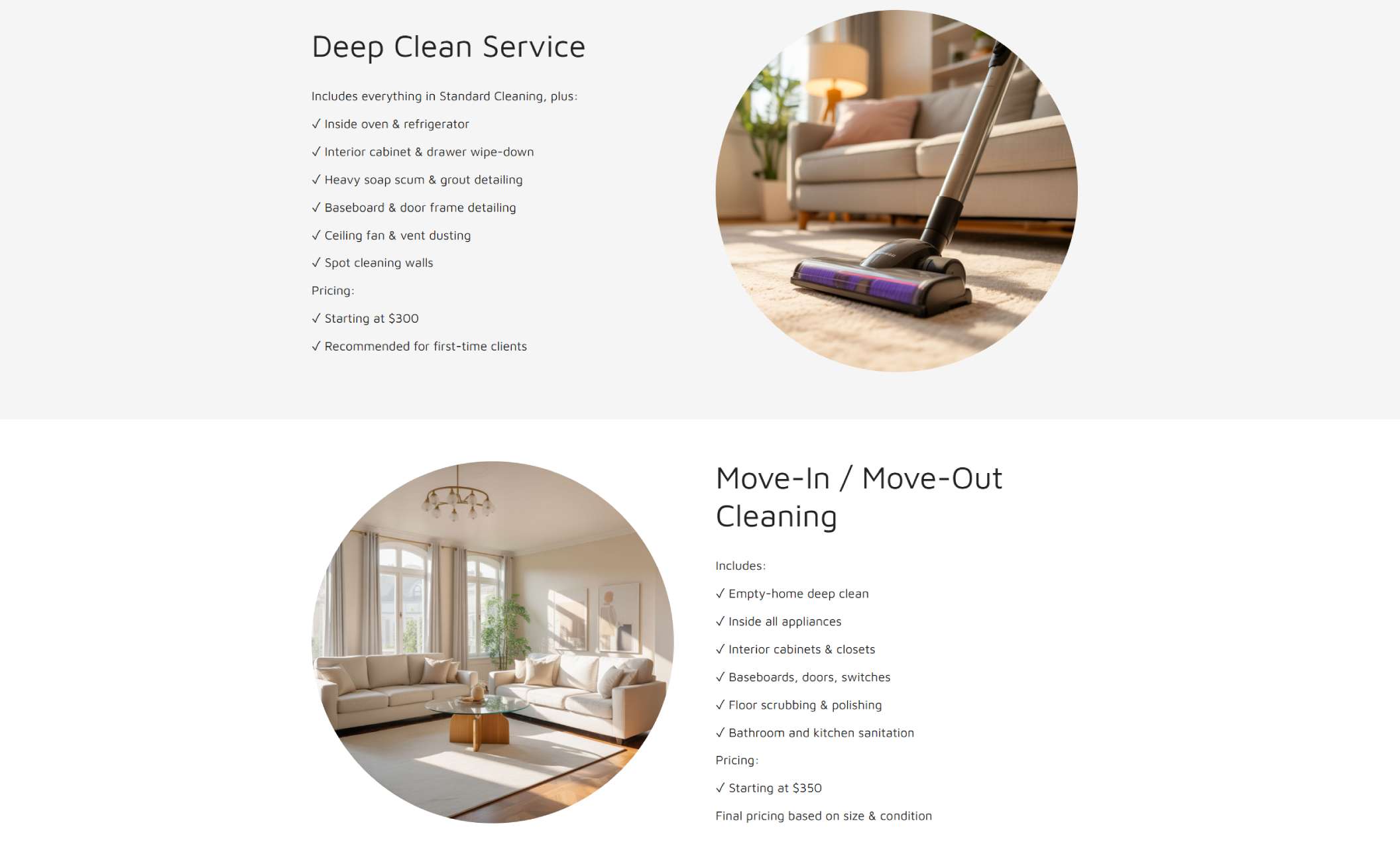 Thompson’s Signature Clean services section featuring “Deep Clean Service” and “Move-In / Move-Out Cleaning” descriptions with detailed checklists and circular images of a vacuum on carpet and a bright living room