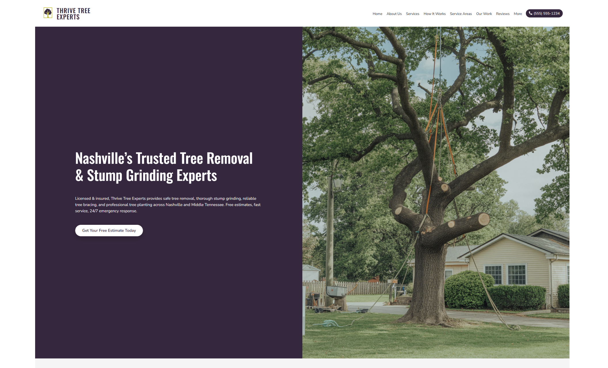 Thrive Tree Experts homepage hero section with the headline “Nashville’s Trusted Tree Removal & Stump Grinding Experts,” a white button for a free estimate, and an image of a large tree being safely rigged for removal