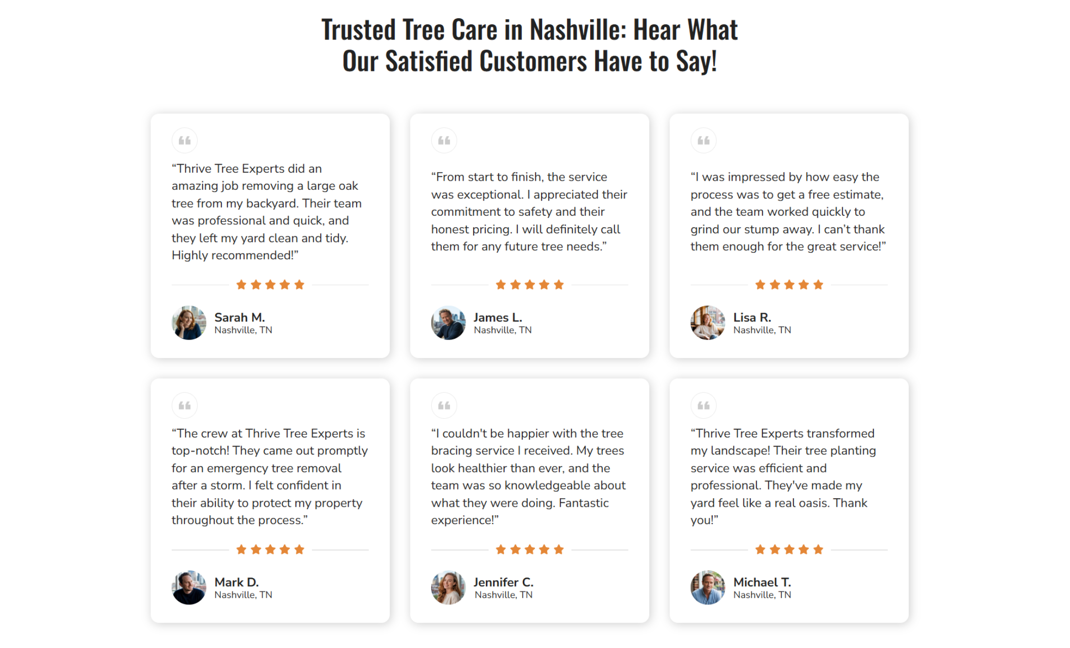 Thrive Tree Experts reviews section featuring six customer testimonials with photos, five-star ratings, and quotes praising professional tree removal, stump grinding, and bracing services in Nashville