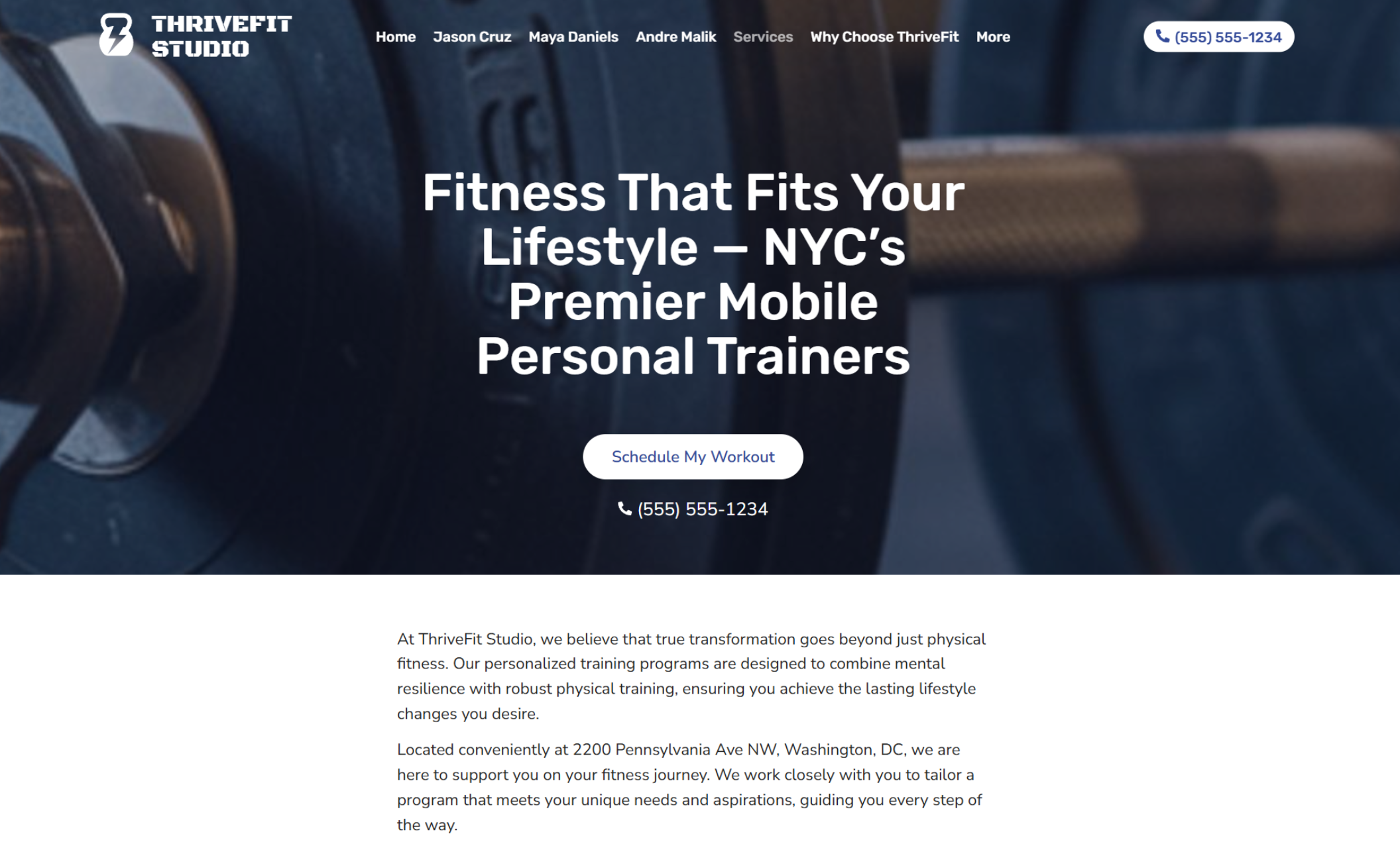 ThriveFit Studio homepage featuring a close-up of a gym barbell plate with the headline “Fitness That Fits Your Lifestyle — NYC’s Premier Mobile Personal Trainers” and a purple “Schedule My Workout” button