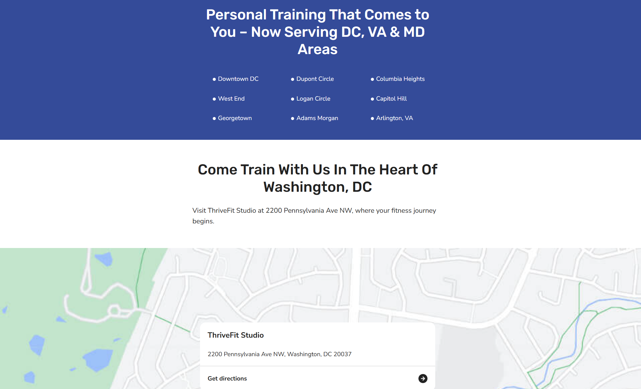 ThriveFit Studio webpage showing a list of service areas across DC, VA & MD, followed by the headline “Come Train With Us In The Heart Of Washington, DC” and a Google map centered on ThriveFit Studio’s locations
