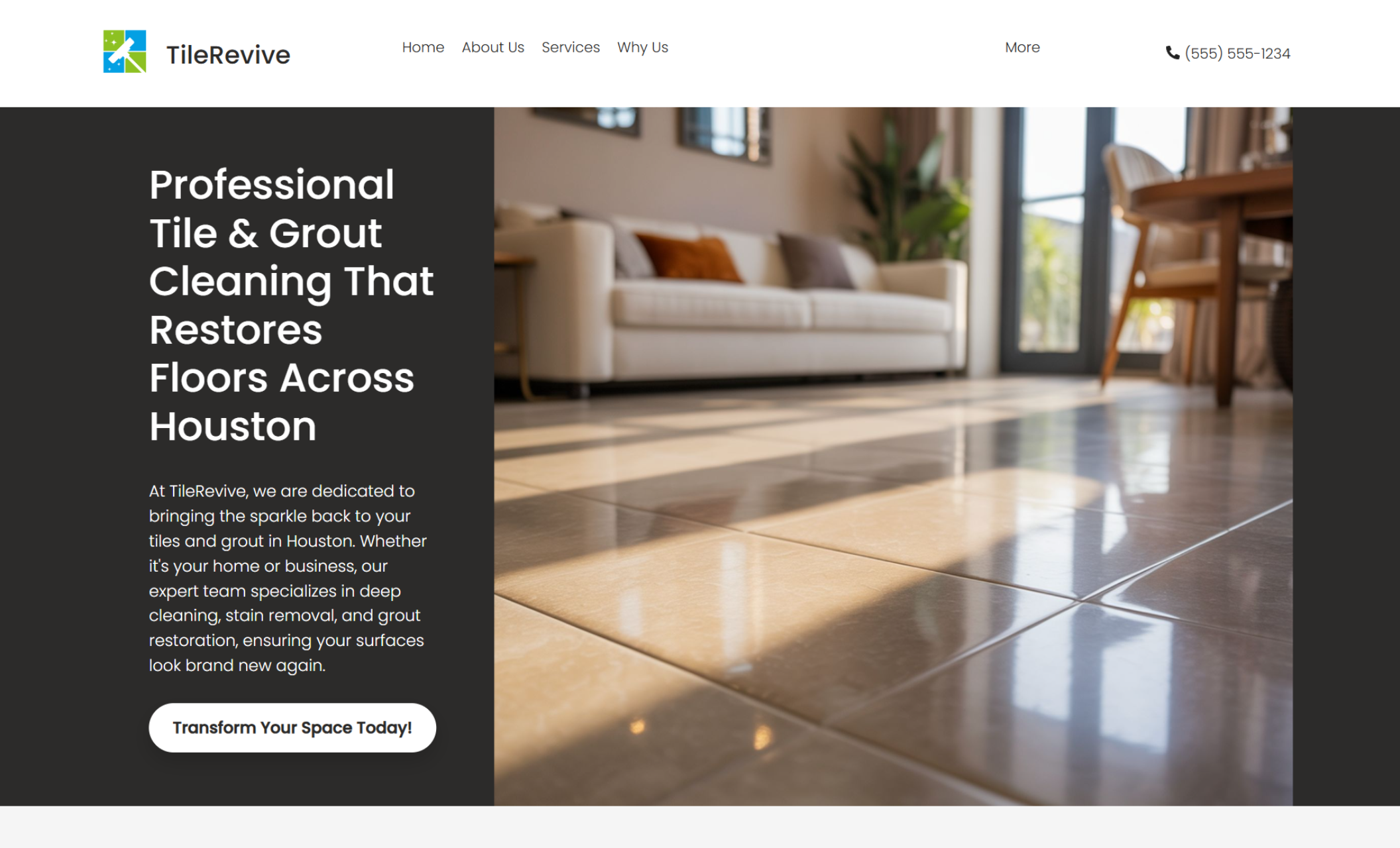TileRevive homepage hero displaying “Professional Tile & Grout Cleaning That Restores Floors Across Houston” alongside a glossy tiled living room floor and a “Transform Your Space Today!” button