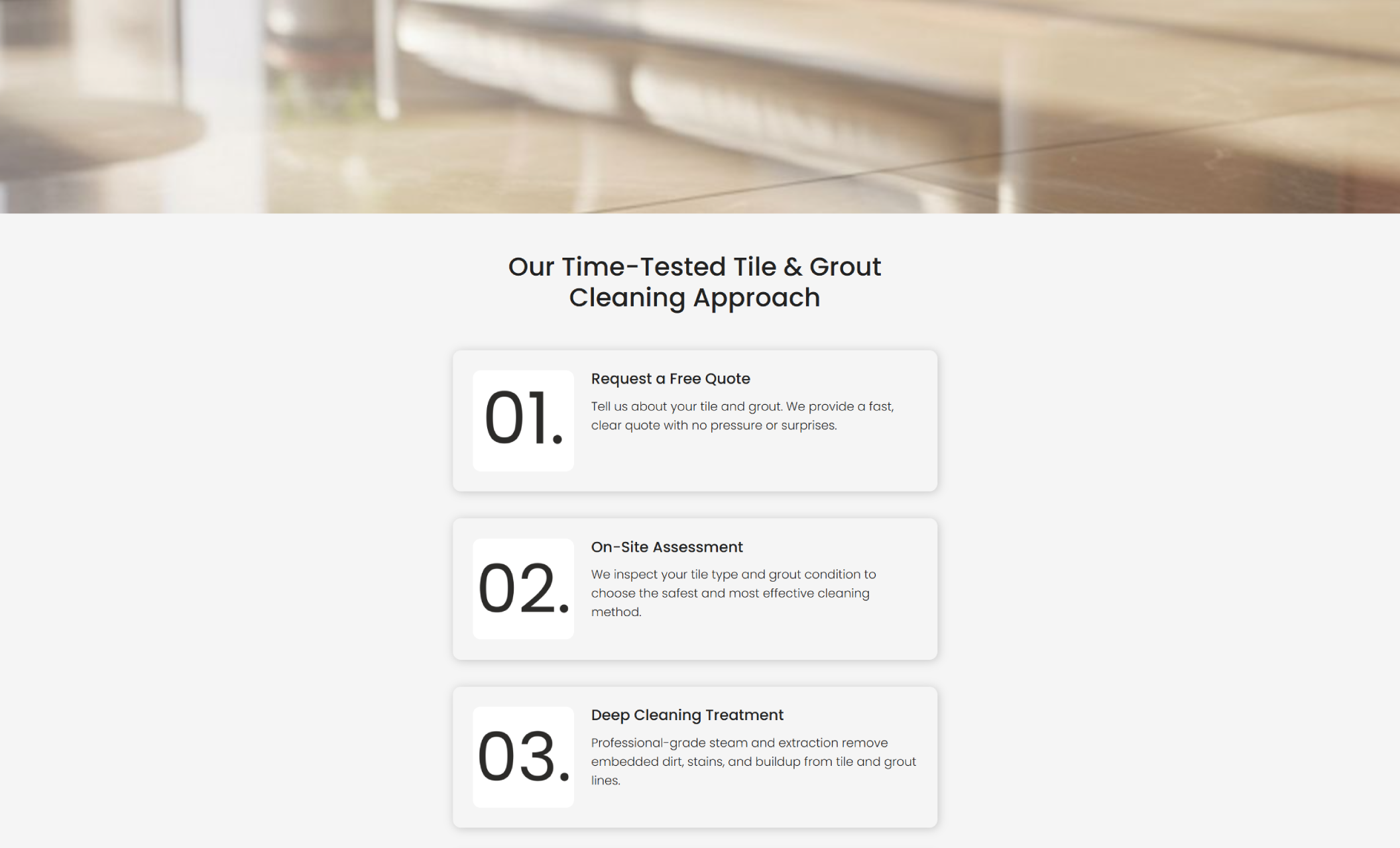 TileRevive process section labeled “Our Time-Tested Tile & Grout Cleaning Approach” highlighting three numbered steps: request a quote, on-site assessment, and deep cleaning treatment