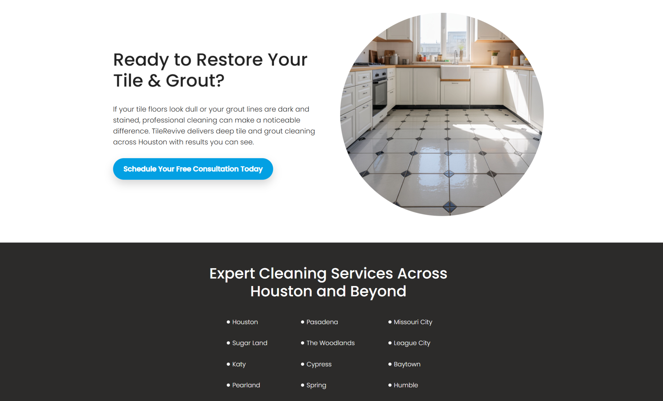 TileRevive service area section titled “Expert Cleaning Services Across Houston and Beyond” with a city list beneath a bright kitchen tile image and consultation call-to-action button
