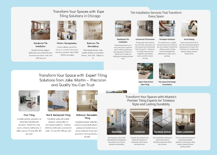 A collage of services section generated by Zarla showing different styles of service items, all having a picture, a title, and a brief description