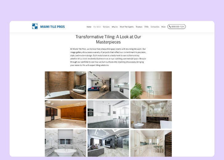 Gallery section titled 'Explore Our Stunning Home Remodeling Projects' with a gallery of 6 images of wooden-themed interior design in a masonry grid layout