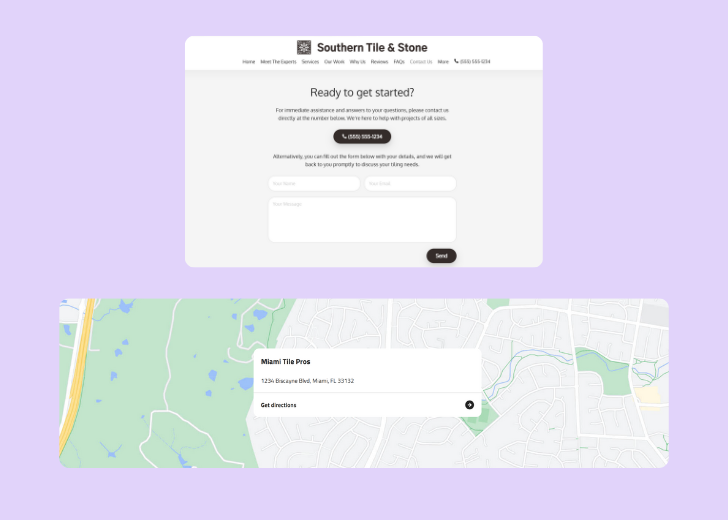 A screenshot of a header with navigation pills with contact number, a blue-colored primary button with contact number, and a 2D depiction of a map with a business address in the center