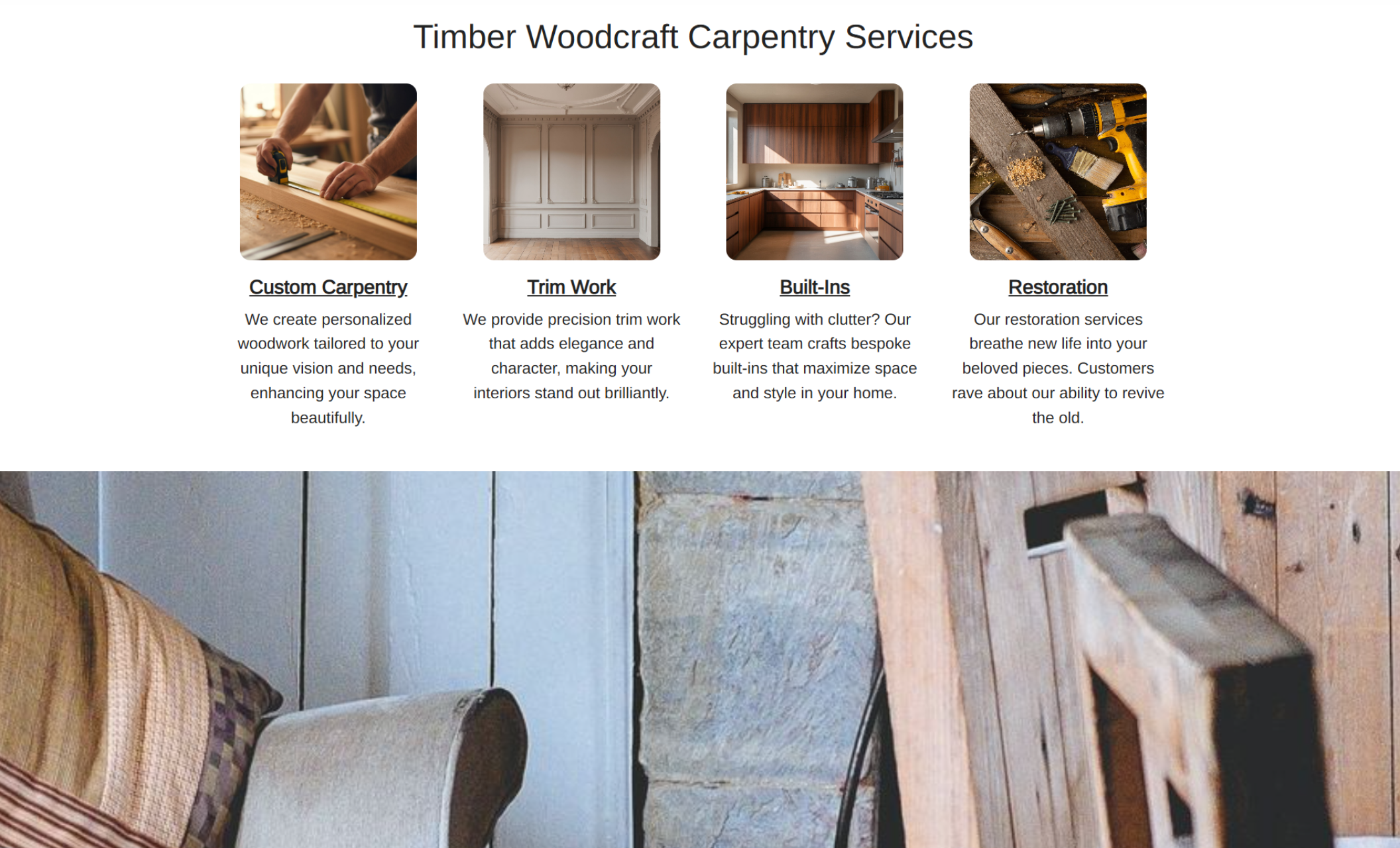 Timber Woodcraft services section featuring four square image cards for Custom Carpentry, Trim Work, Built-Ins, and Restoration, each with a photo of woodworking in progress or completed cabinetry paired with short descriptive text