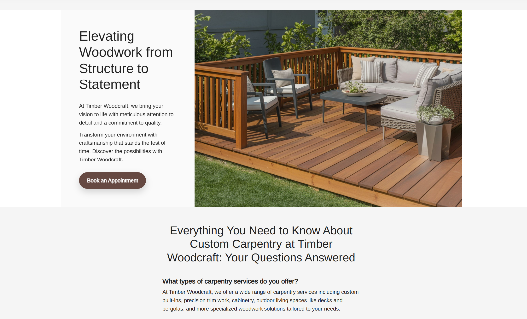 Image of a newly built wooden deck with a corner railing, outdoor furniture, and the headline “Elevating Woodwork from Structure to Statement” alongside a brown button that says “Book an Appointment.”