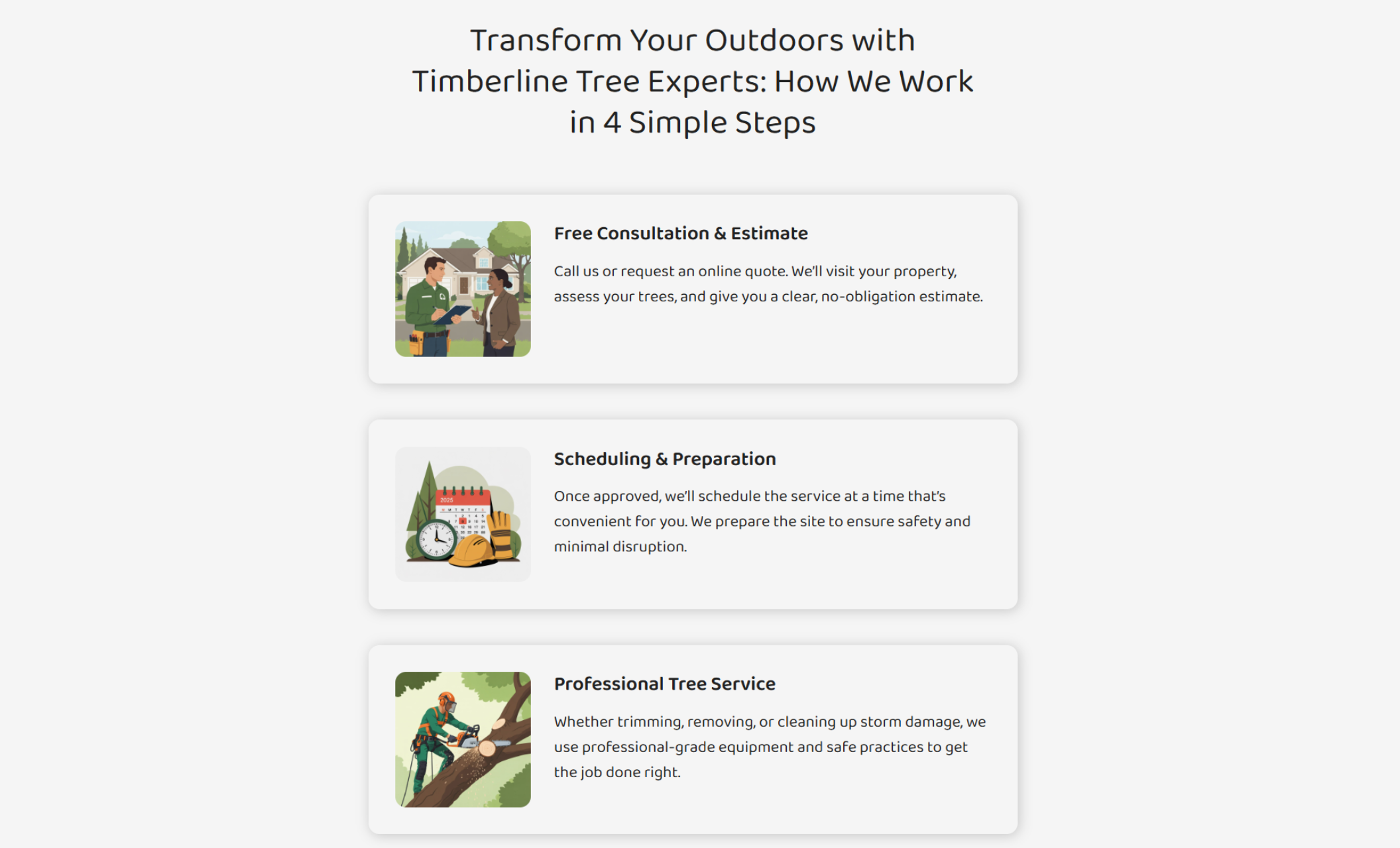 Timberline Tree Experts process section titled “How We Work in 4 Simple Steps,” with illustrated icons for consultation, scheduling, and professional service in a vertical card layout