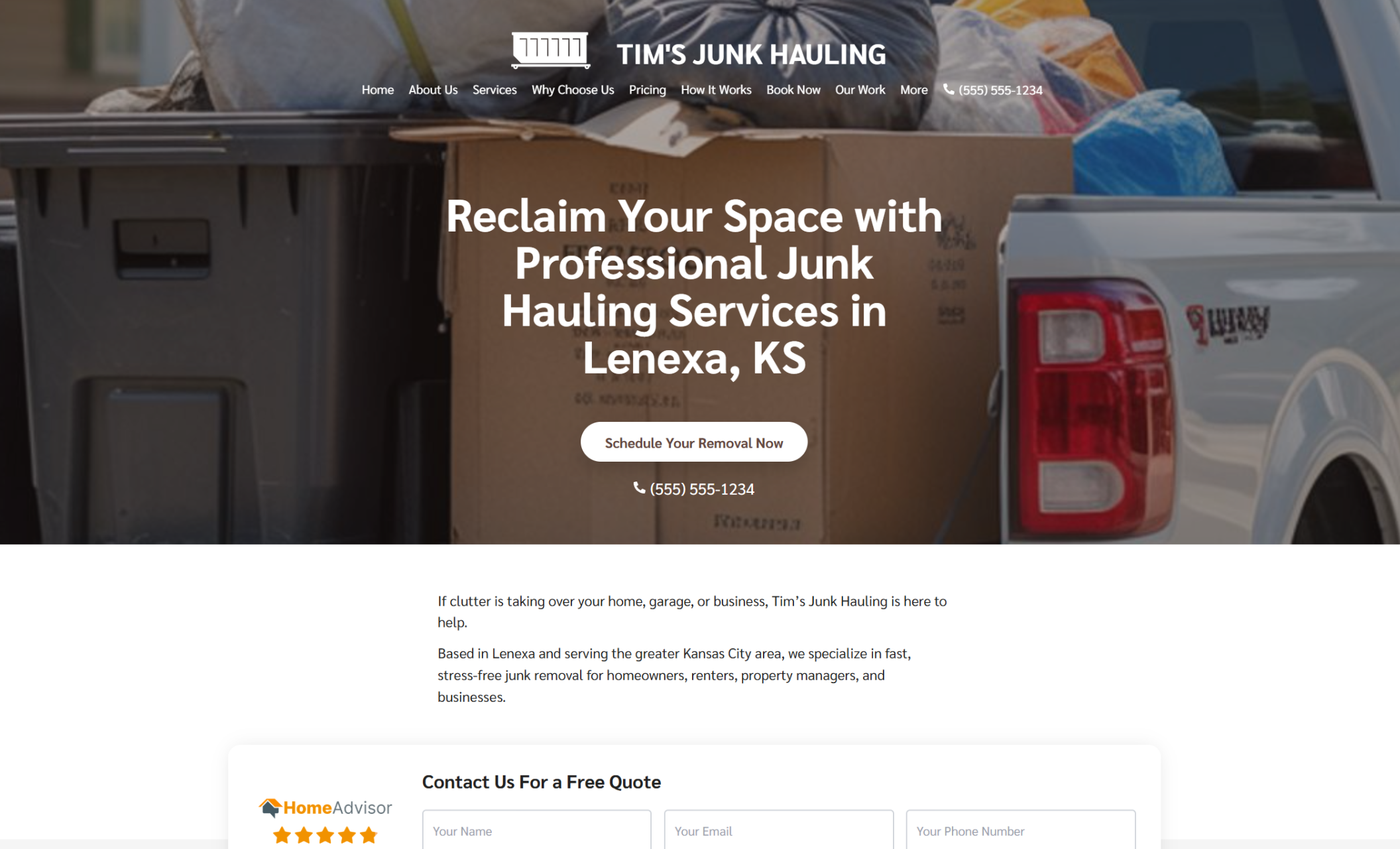 Tim’s Junk Hauling homepage hero showing a pickup truck filled with junk, overlaid with the headline “Reclaim Your Space with Professional Junk Hauling Services in Lenexa, KS” and a booking button