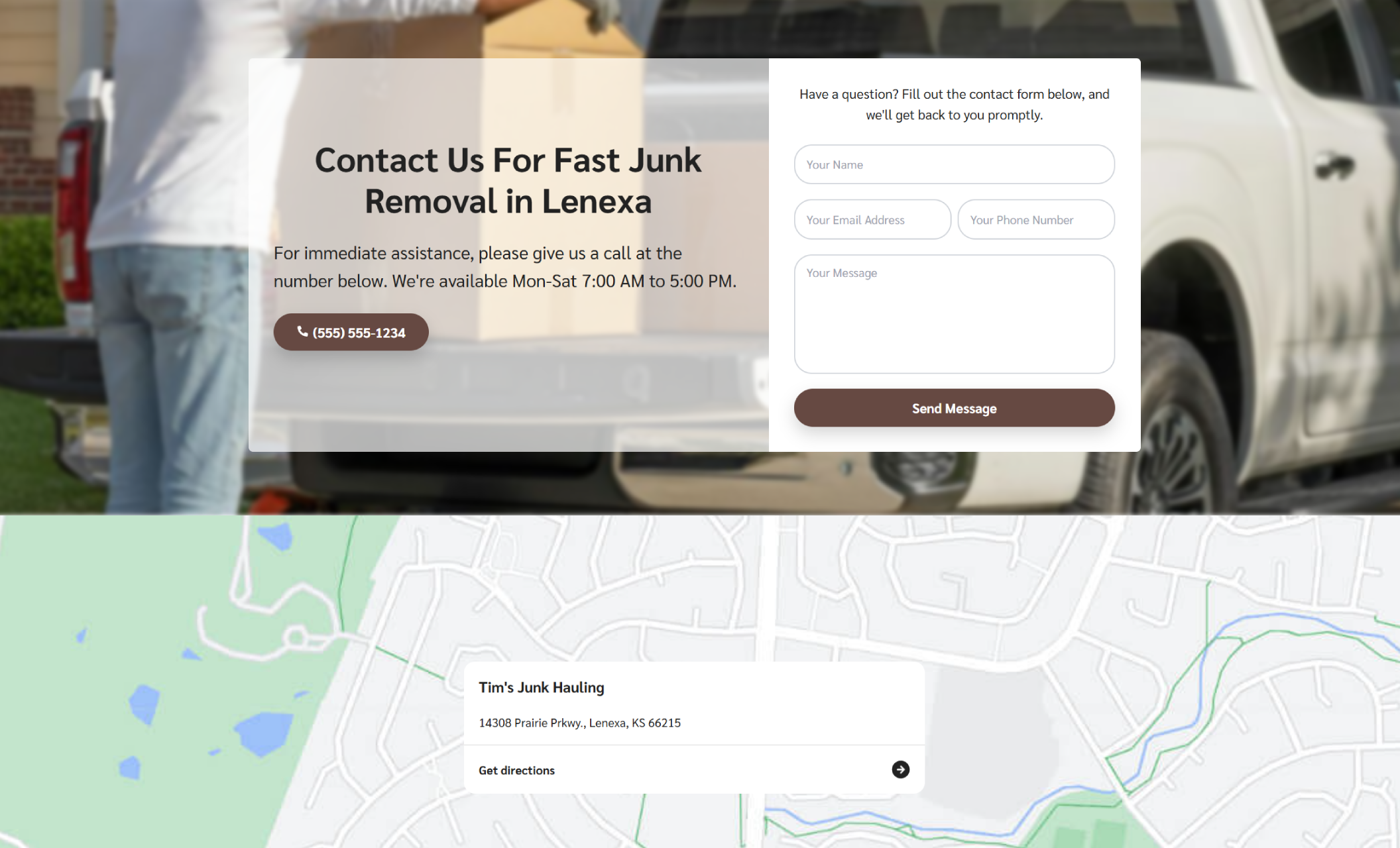 Tim’s Junk Hauling contact section with a form overlay on a background image of a pickup truck, including fields for name, email, phone number, and message submission