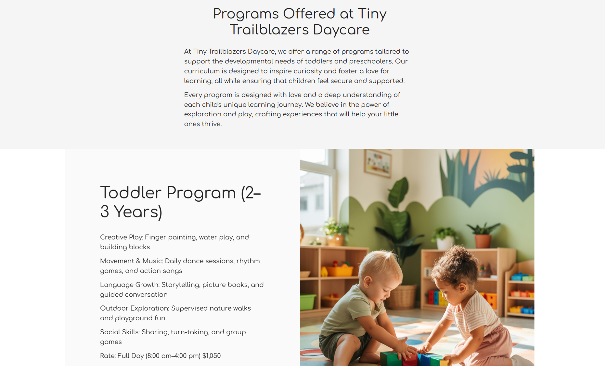 Tiny Trailblazers Daycare “Toddler Program” section featuring two toddlers playing with colorful building blocks on a patterned rug in a cheerful classroom with green wall art, wooden shelves, and potted plants