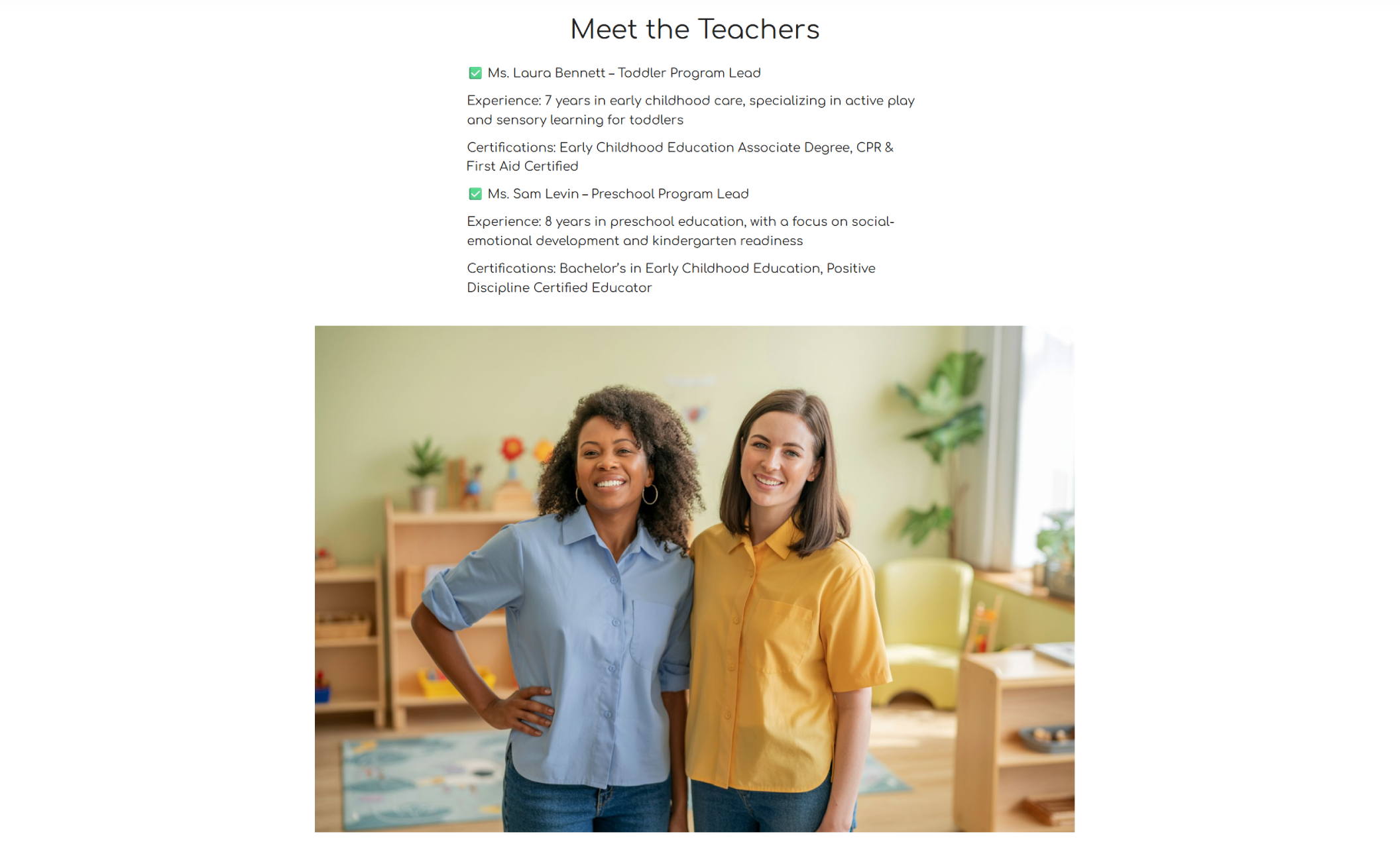 Tiny Trailblazers Daycare “Meet the Teachers” section showing two smiling female educators, one in a light blue shirt and the other in a mustard yellow shirt, standing together in a bright classroom with wooden shelves and plants in the background