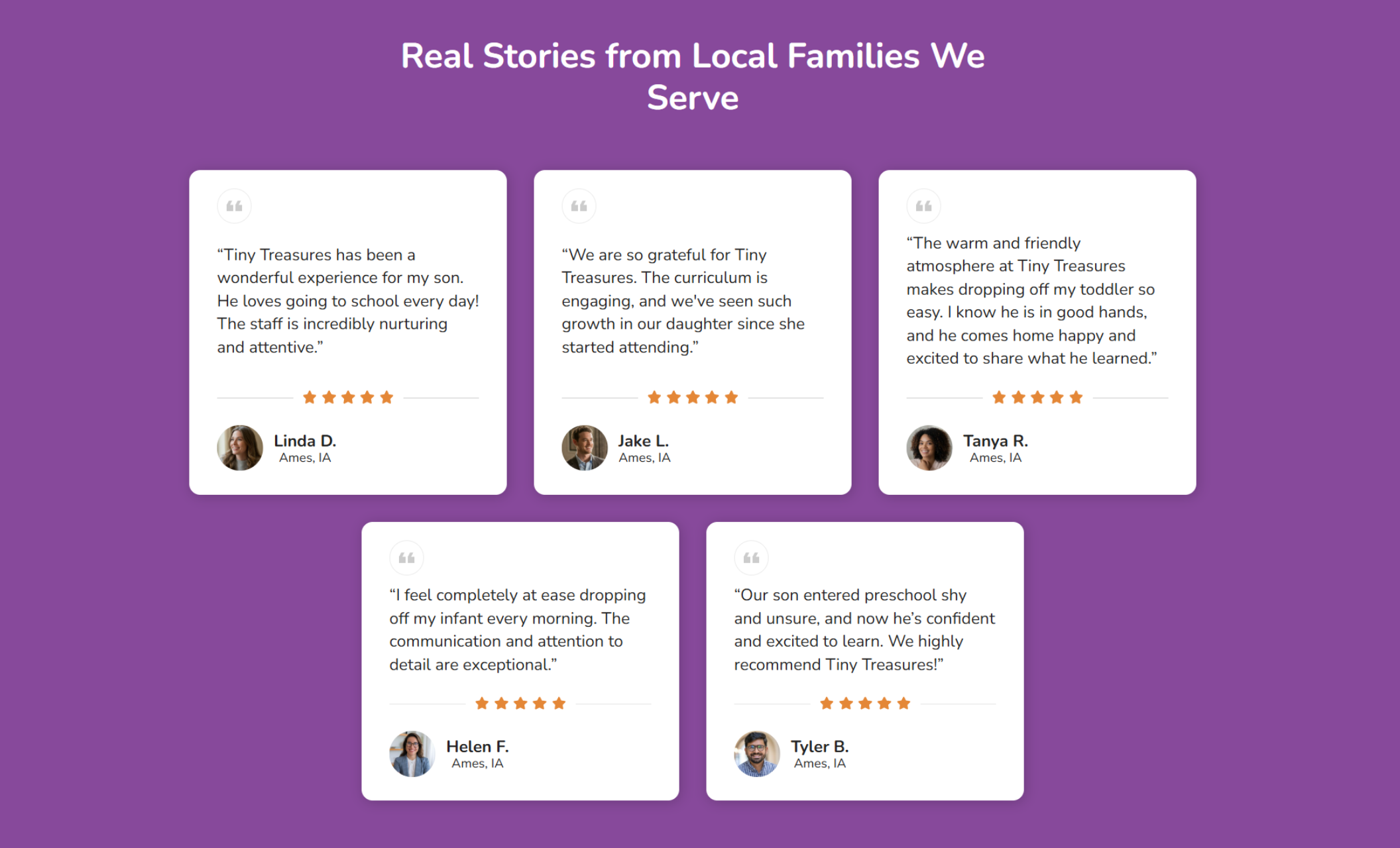 Tiny Treasures Childcare testimonials section titled “Real Stories from Local Families We Serve,” featuring five parent reviews with star ratings and profile photos