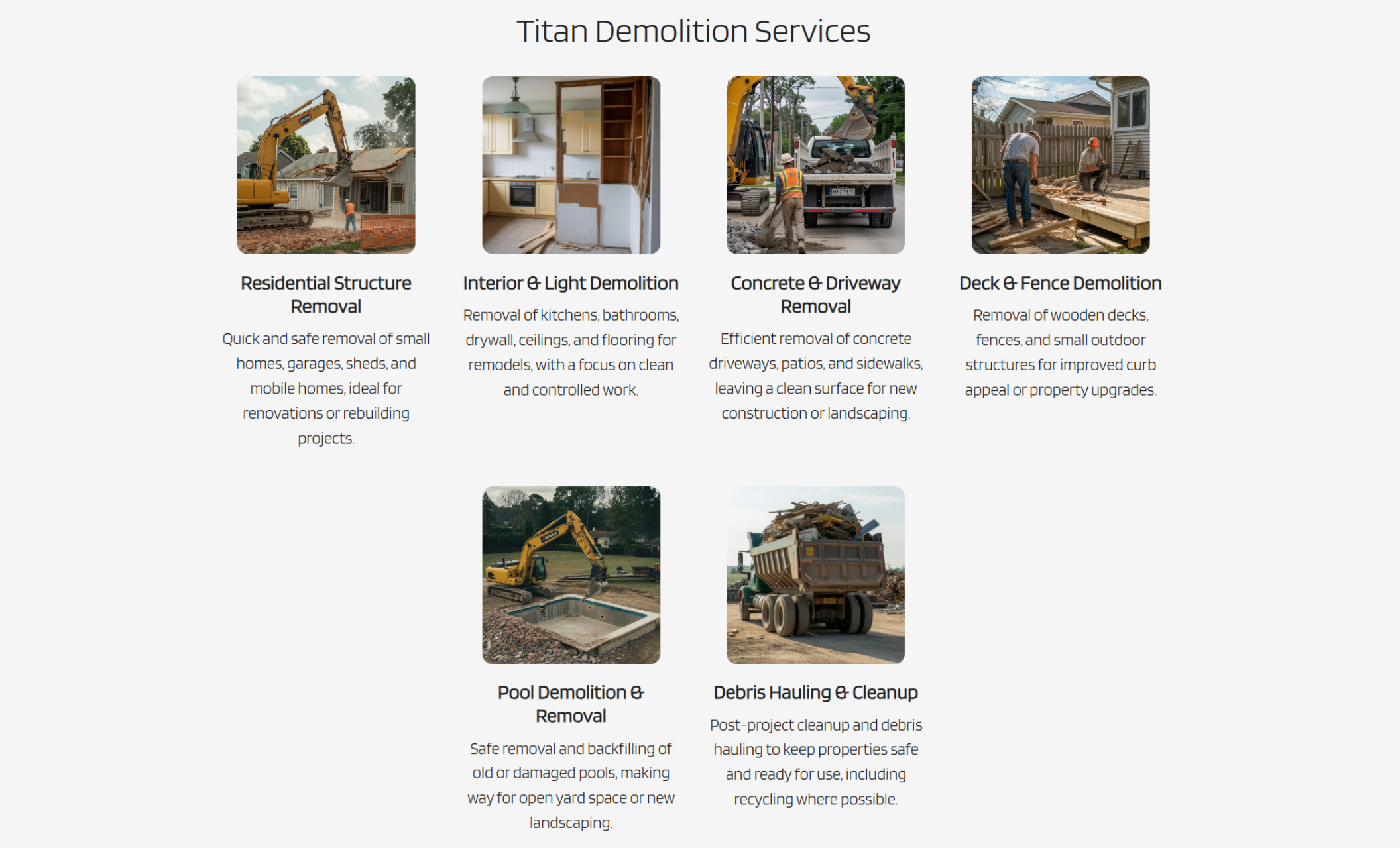 Titan Demolition Services multi-service section displaying six square images with labels for Residential Structure Removal, Interior & Light Demolition, Concrete & Driveway Removal, Deck & Fence Demolition, Pool Demolition & Removal, and Debris Hauling & Cleanup